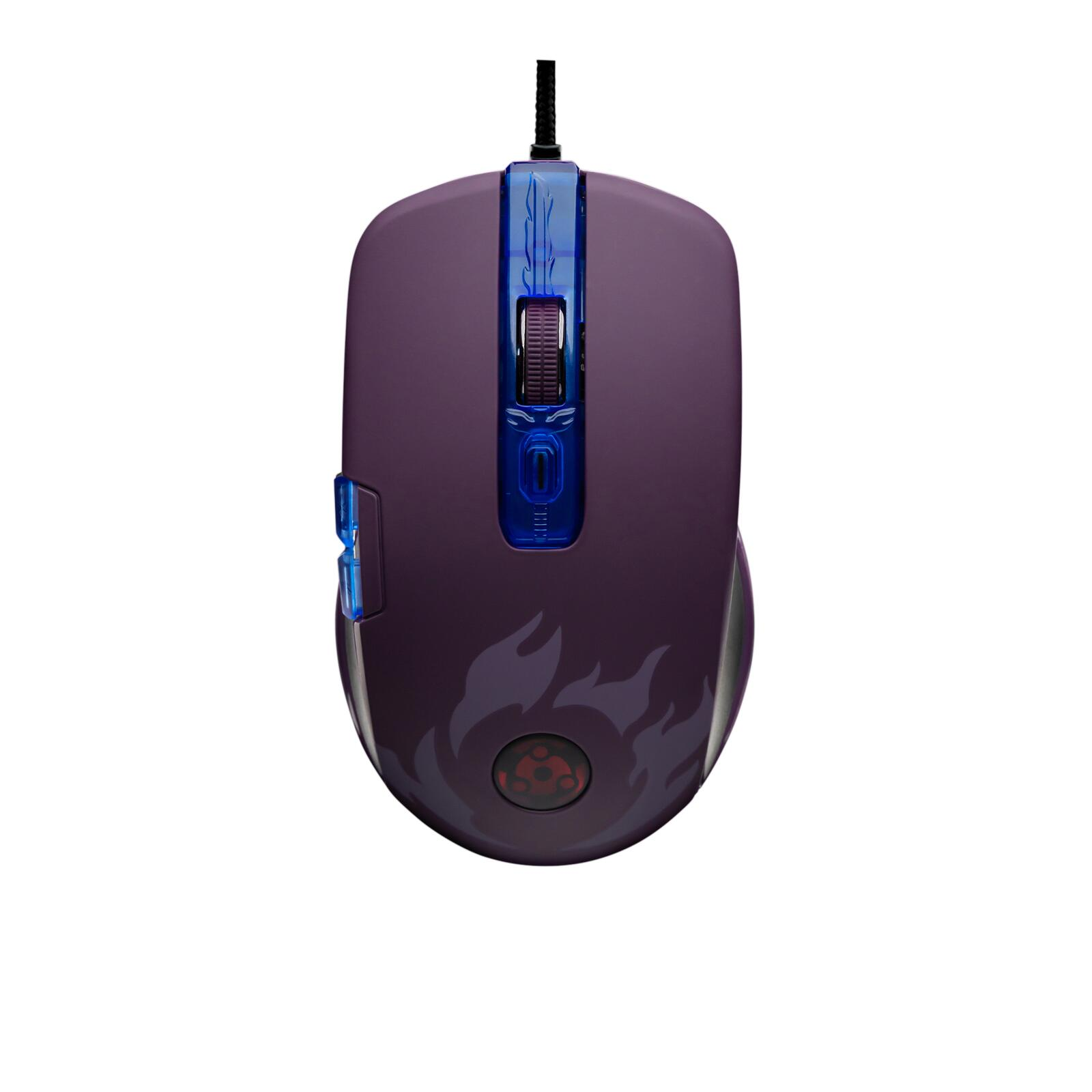 Mouse da gaming viola con dettagli blu e una rotella di scorrimento. Ha un design a fiamma.