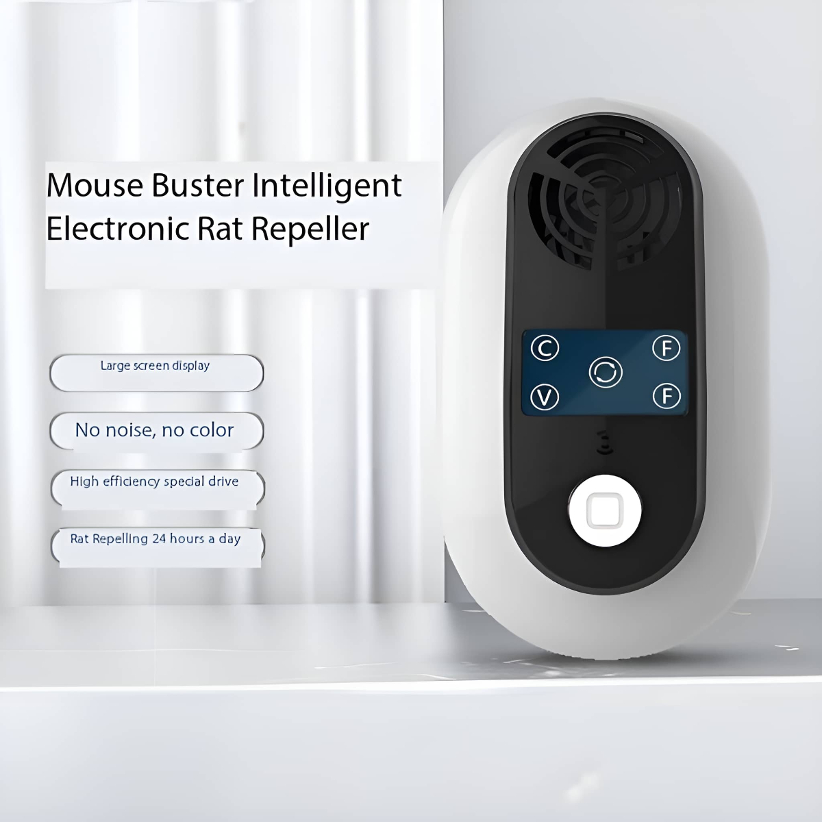 Weiß-schwarzer elektronischer Rattenvertreiber mit Digitalanzeige. Text: Mouse Busters Intelligent Electronic Rattenvertreiber.