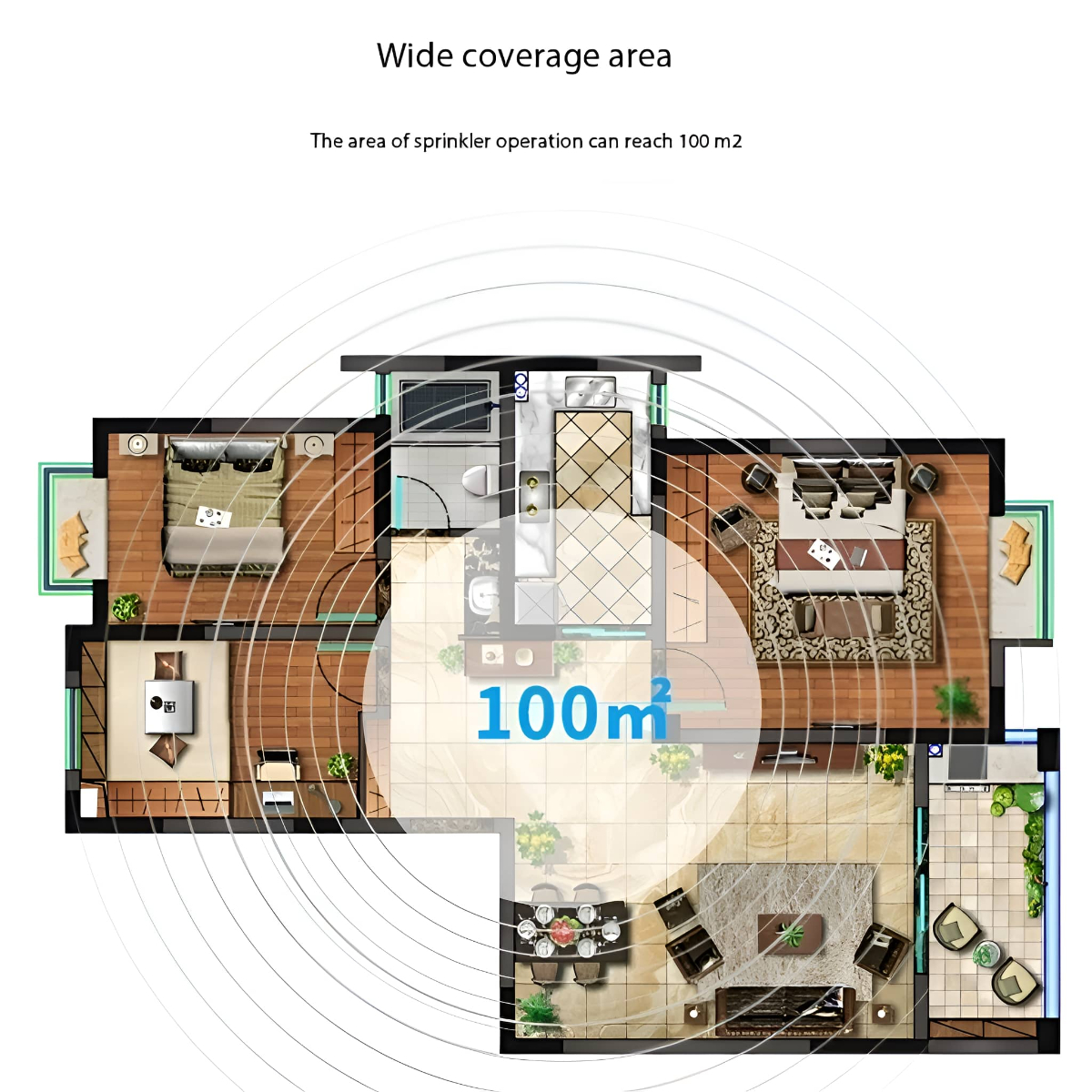 Grundriss eines Hauses mit einer Sprinklerabdeckung von 100 m². Zimmer umfassen Schlafzimmer und Wohnzimmer.