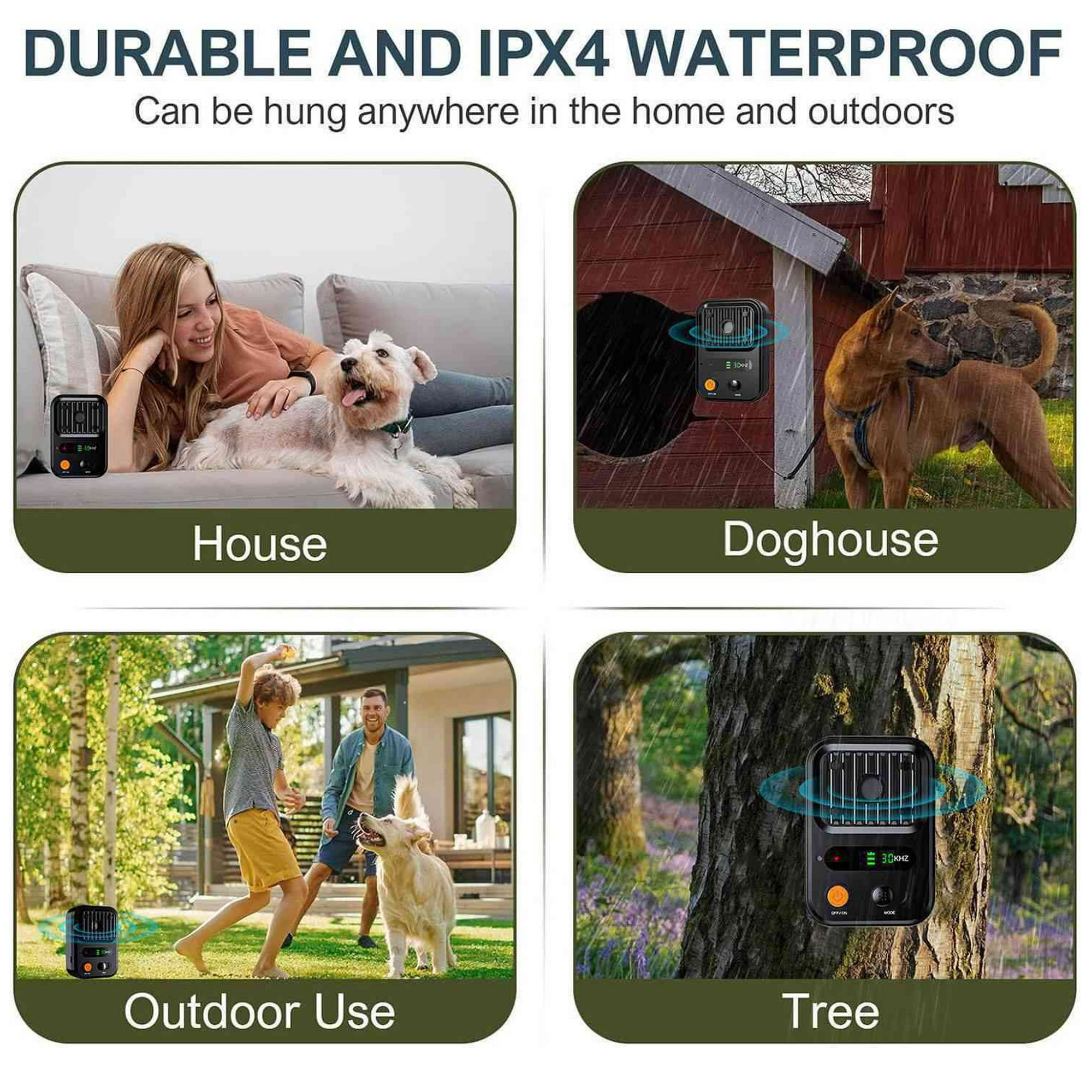 Bilder zeigen ein Gerät, das in verschiedenen Umgebungen verwendet wird: Haus, Hundehütte, im Freien und ein Baum.
