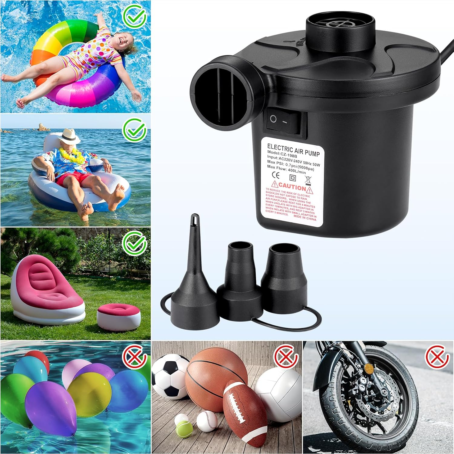 Luftpumpe mit Zubehör. Menschen im Wasser mit aufblasbaren Spielzeugen. Bälle und ein Motorradreifen.