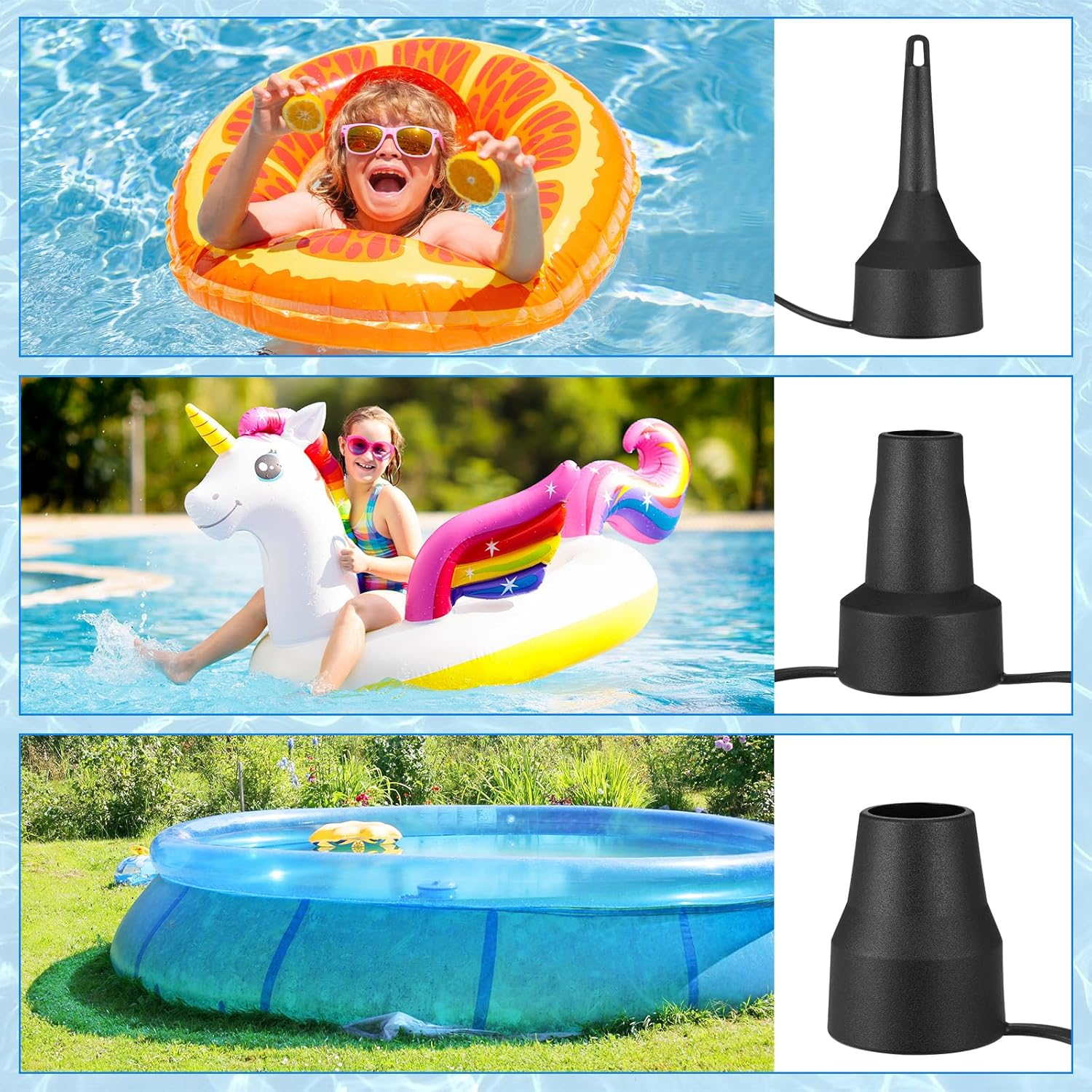 Bilder von Kindern in einem Pool mit aufblasbaren Gegenständen, mit aufblasbaren Düsen.
