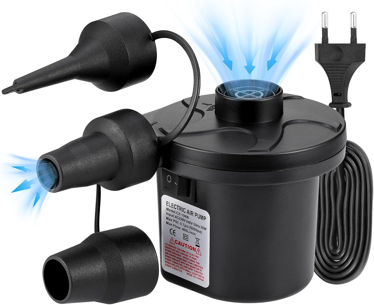 Schwarze elektrische Luftpumpe mit Düsen. Blauer Luftstrom. Schwarzes Kabel und Stecker. Weißer Hintergrund.