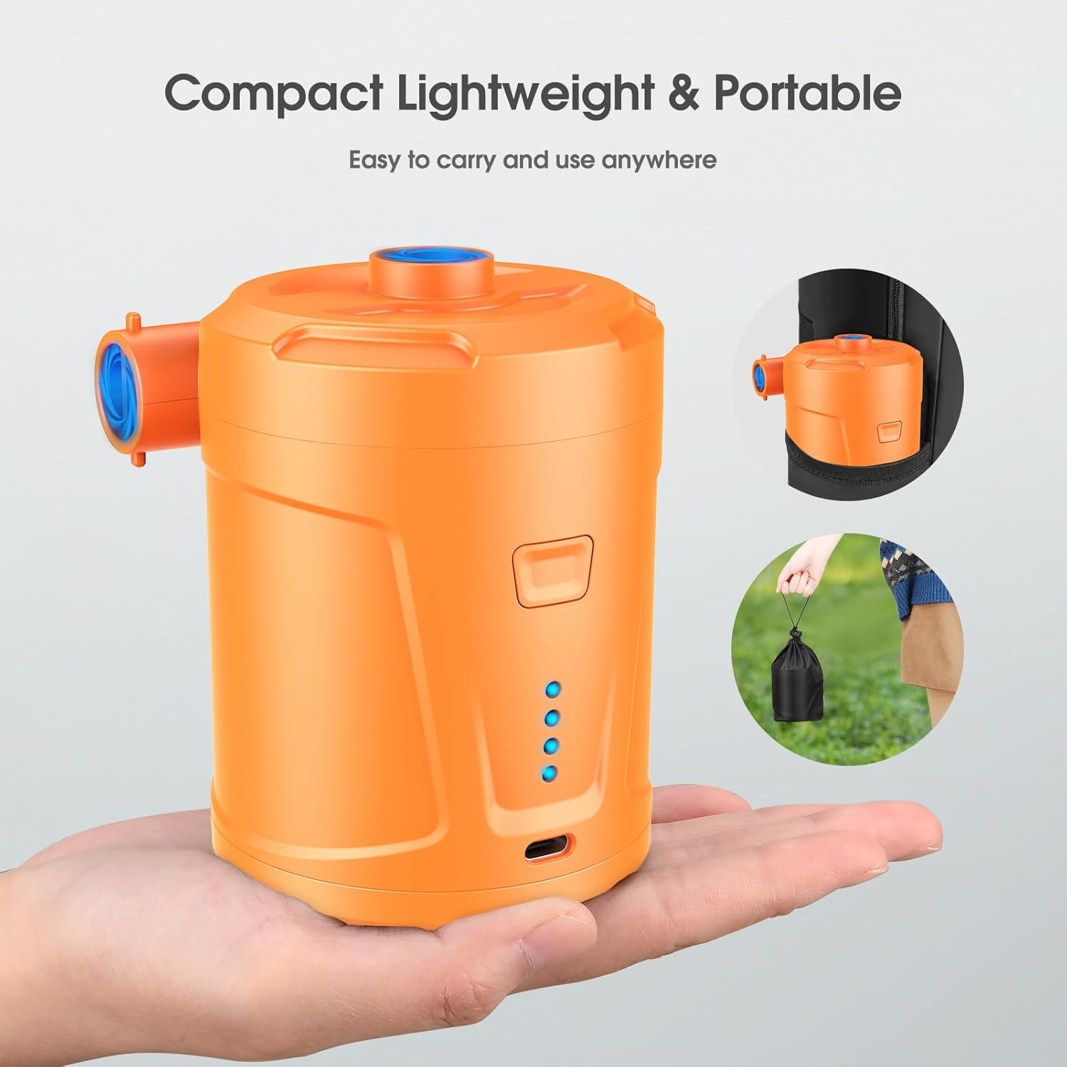 Eine orangefarbene, kompakte, tragbare Luftpumpe mit blauem Deckel und Tragetasche.