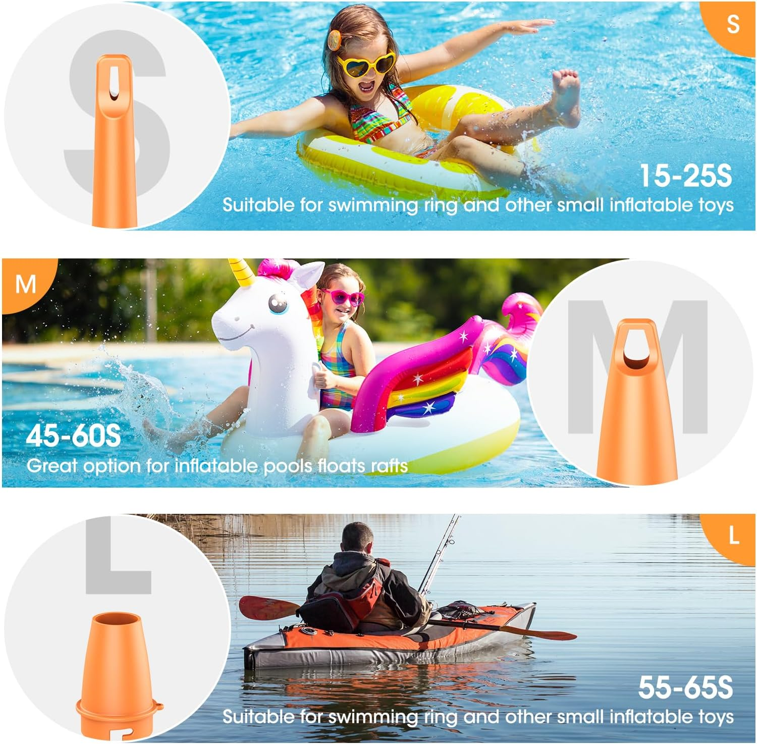 Drei Bilder von aufblasbaren Spielzeug-Inflatorn mit verschiedenen Größen und Verwendungen.