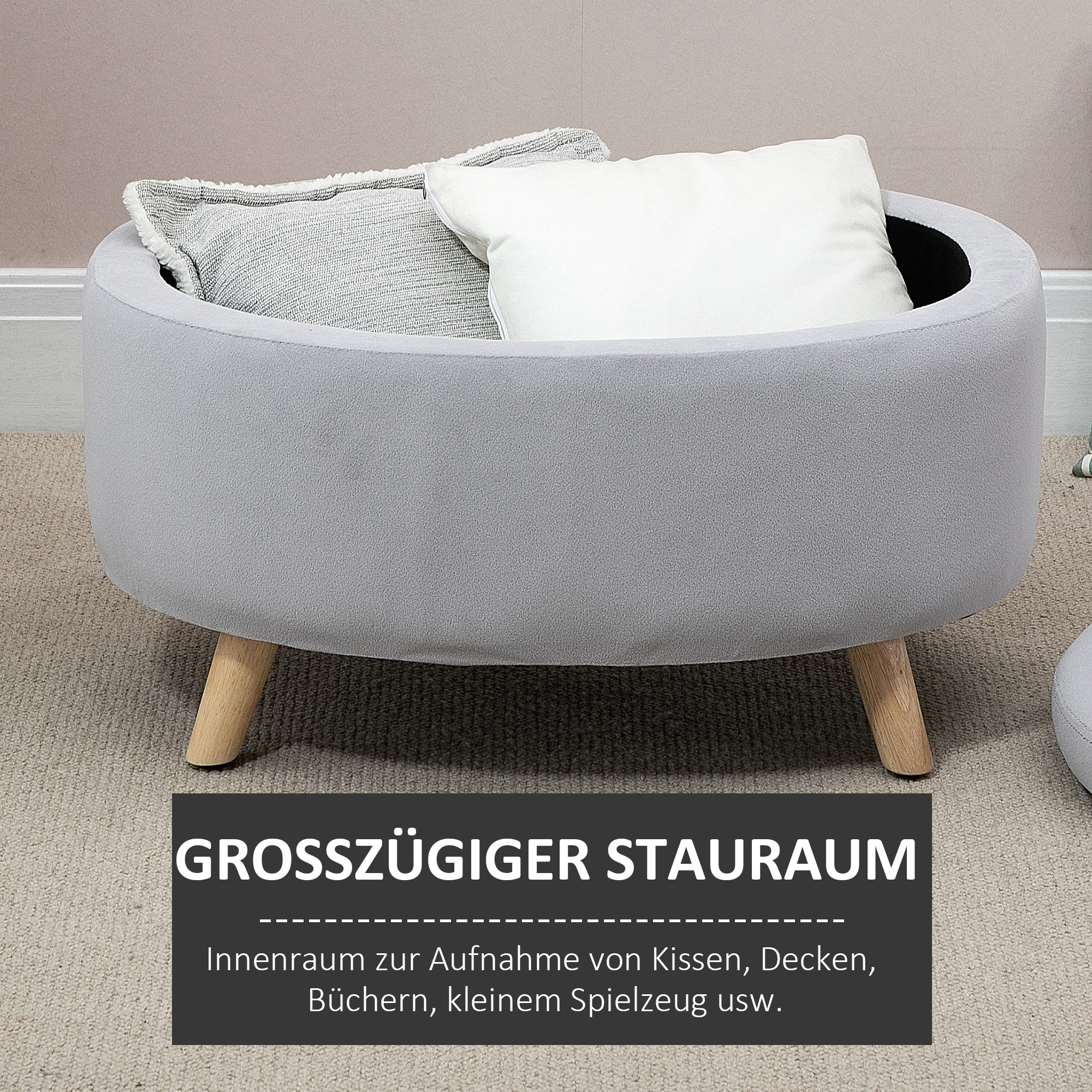 Graue runde Aufbewahrungshocker mit Kissen. Text unten: "GROSSZÜGIGER STAURAUM".