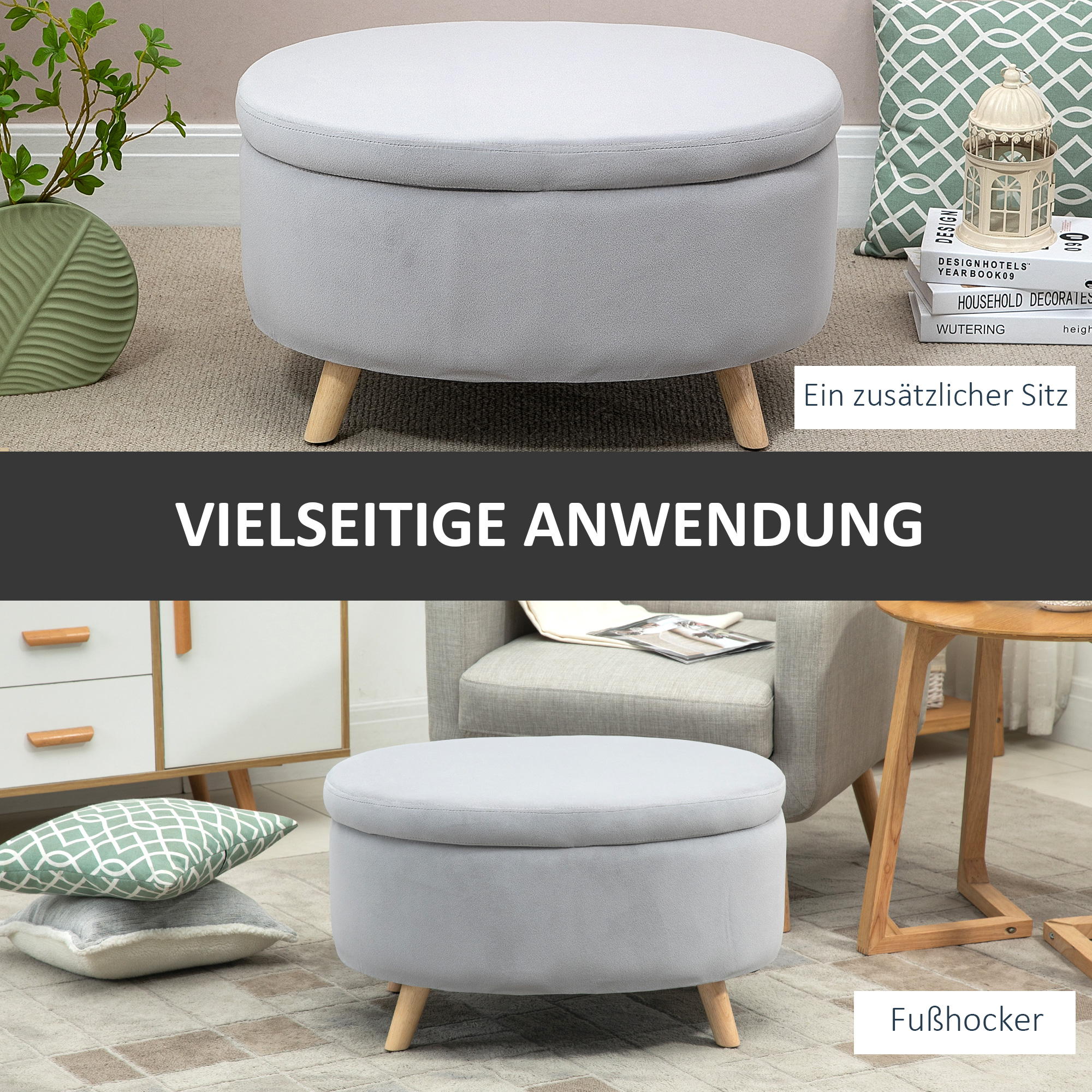 Graue Aufbewahrungshocker mit Holzbeinen. Text: Vielseitige Anwendung. Zweiter Hocker im Hintergrund.