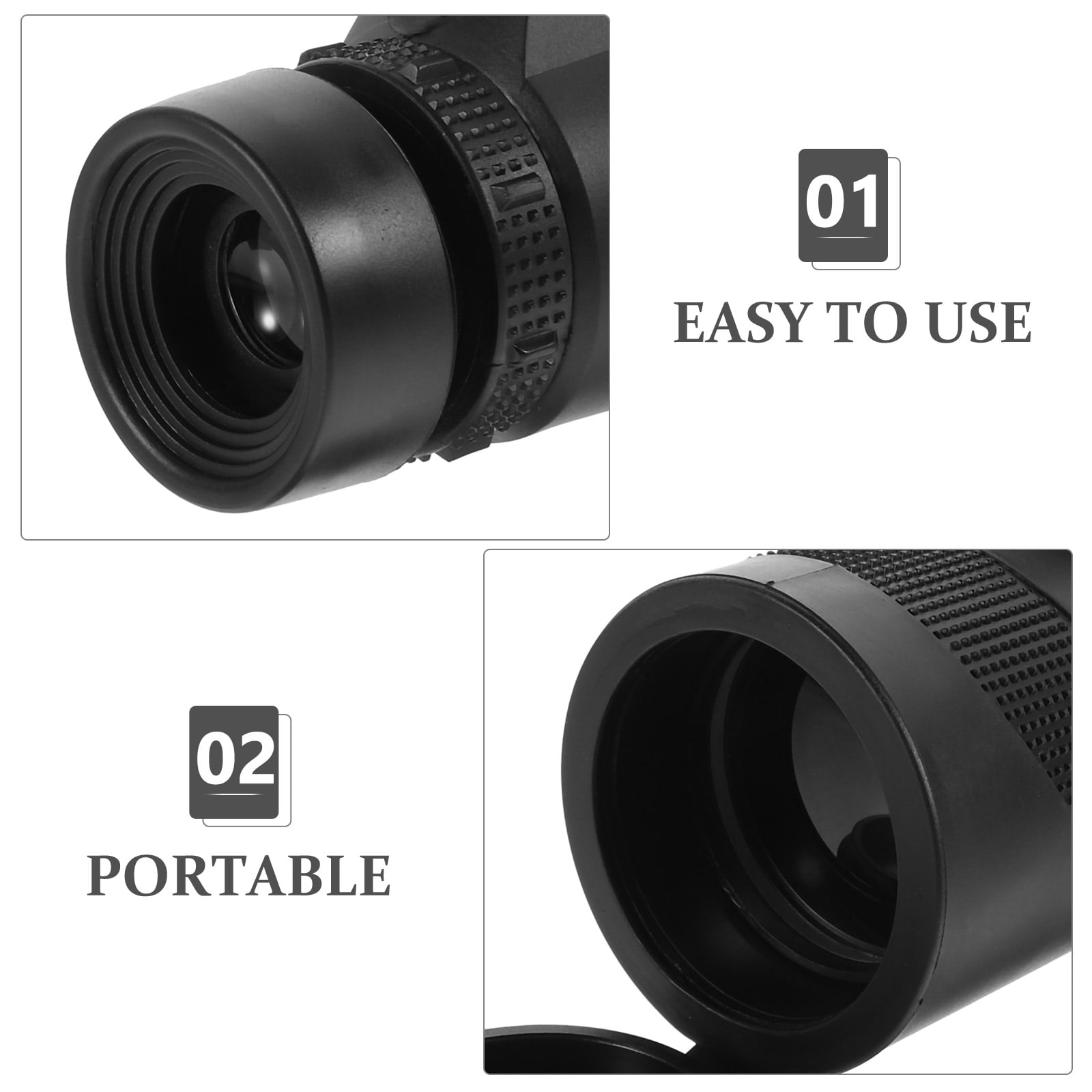 Nahaufnahme eines schwarzen Monokulars mit den Texten 'EASY TO USE' und 'PORTABLE'.