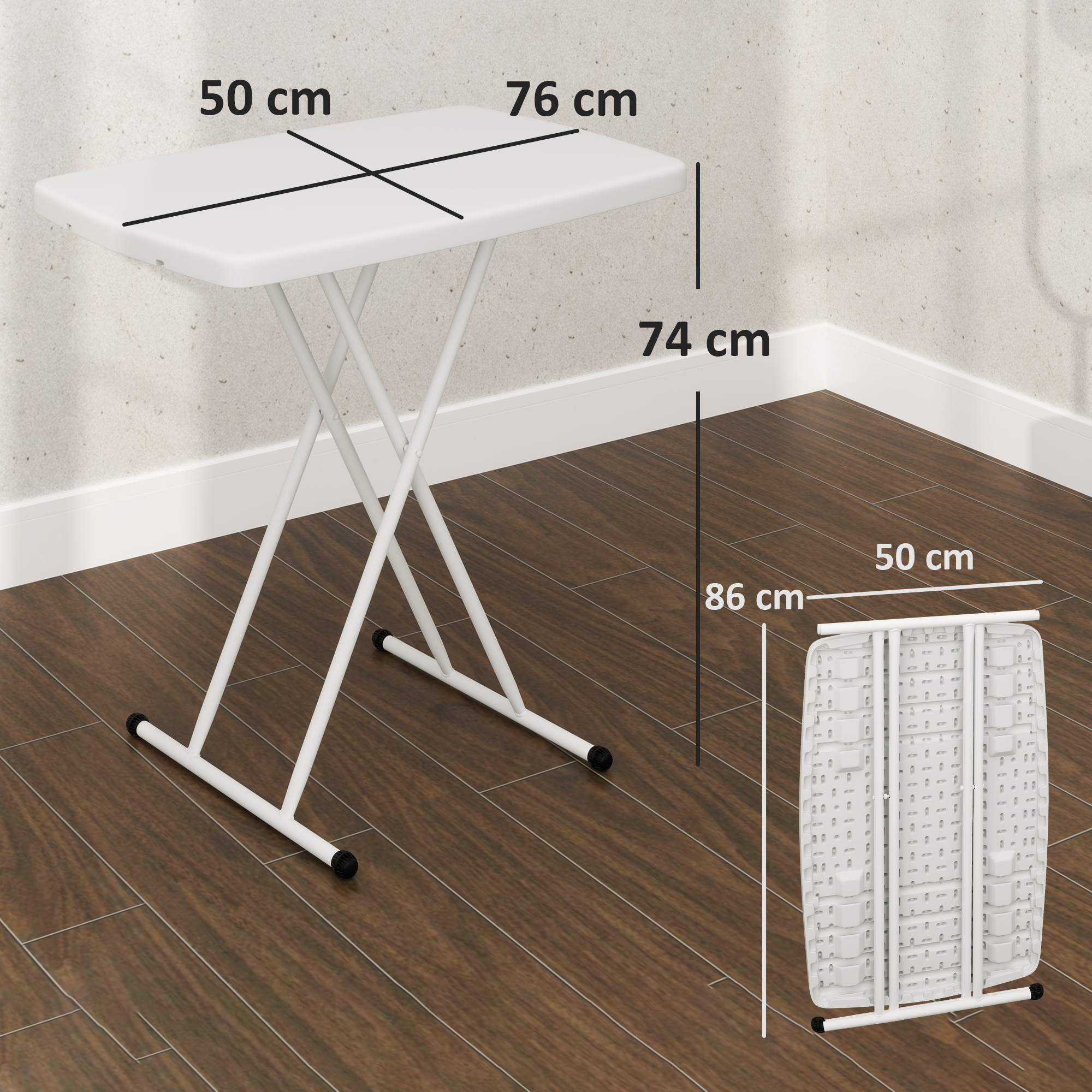 Tavolo pieghevole bianco aperto e piegato; dimensioni mostrate; sfondo bianco.