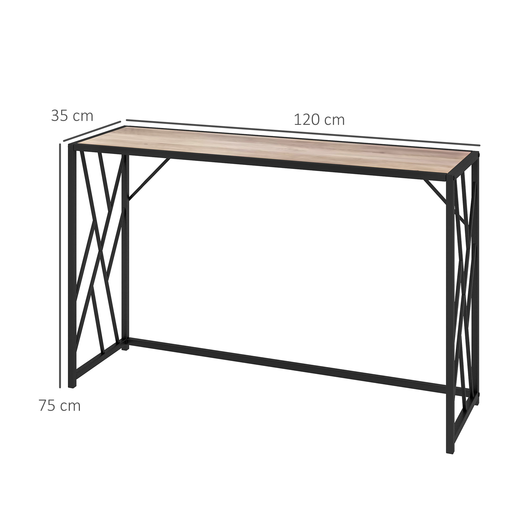Schwarzer und brauner Konsolentisch mit Metallrahmen. Maße: 120 cm x 35 cm x 75 cm.