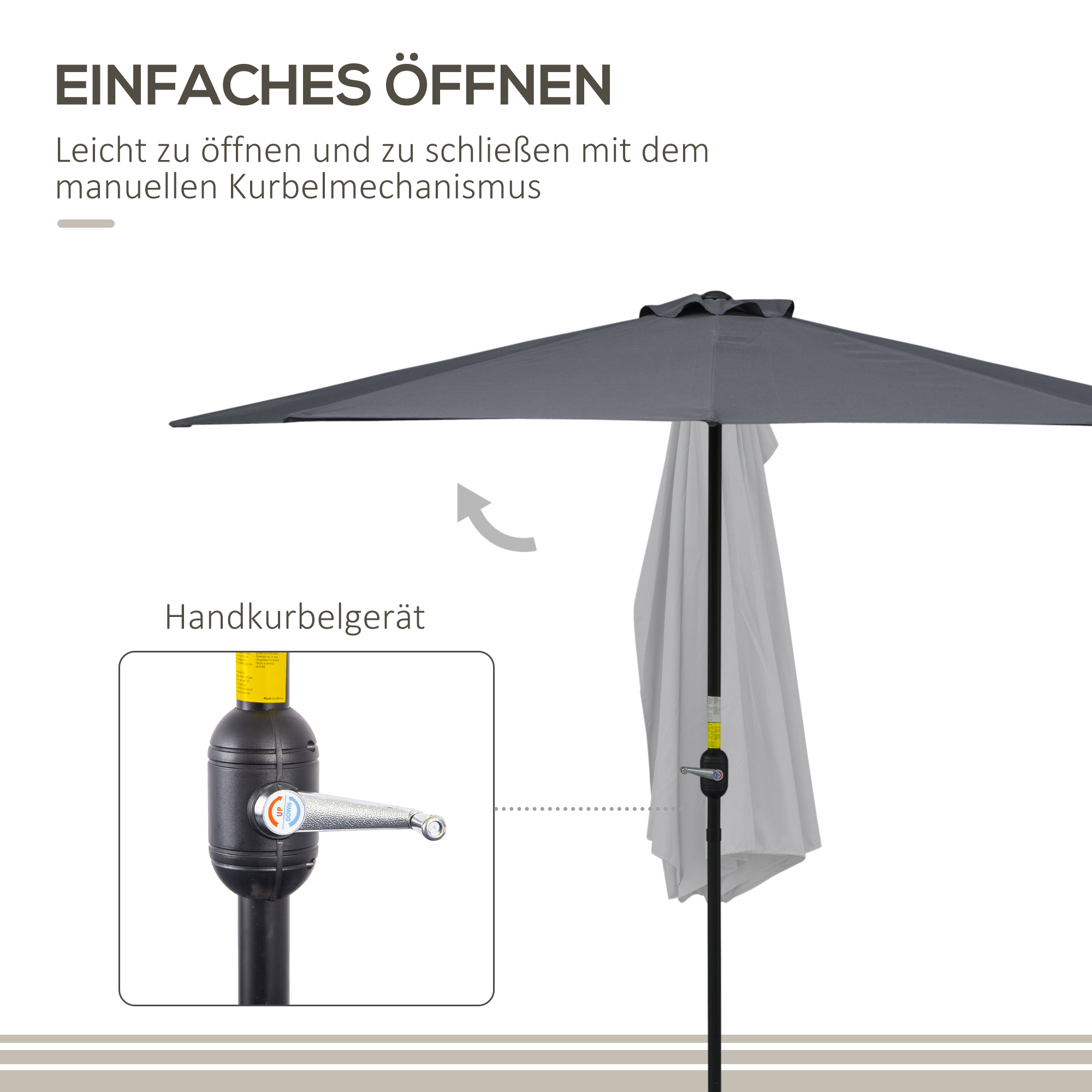 Auf weißem Hintergrund ist ein offener Regenschirm mit Text über einfaches Öffnen und eine Kurbel zu sehen.