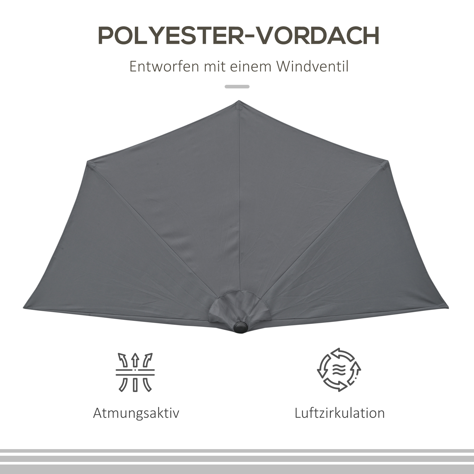 Ein grauer Schirm mit Text, der Polyester-Voradch sagt, und Symbolen für die Belüftung.