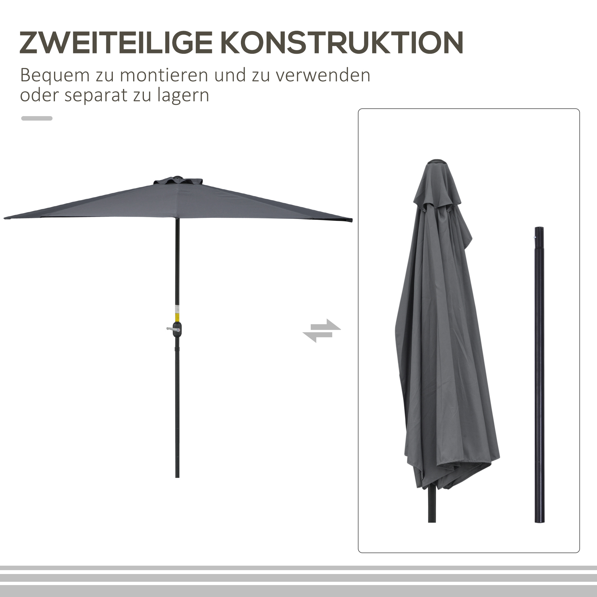 Grauer Sonnenschirm, offen und geschlossen. Schwarze Stange. Deutsche Beschriftung.