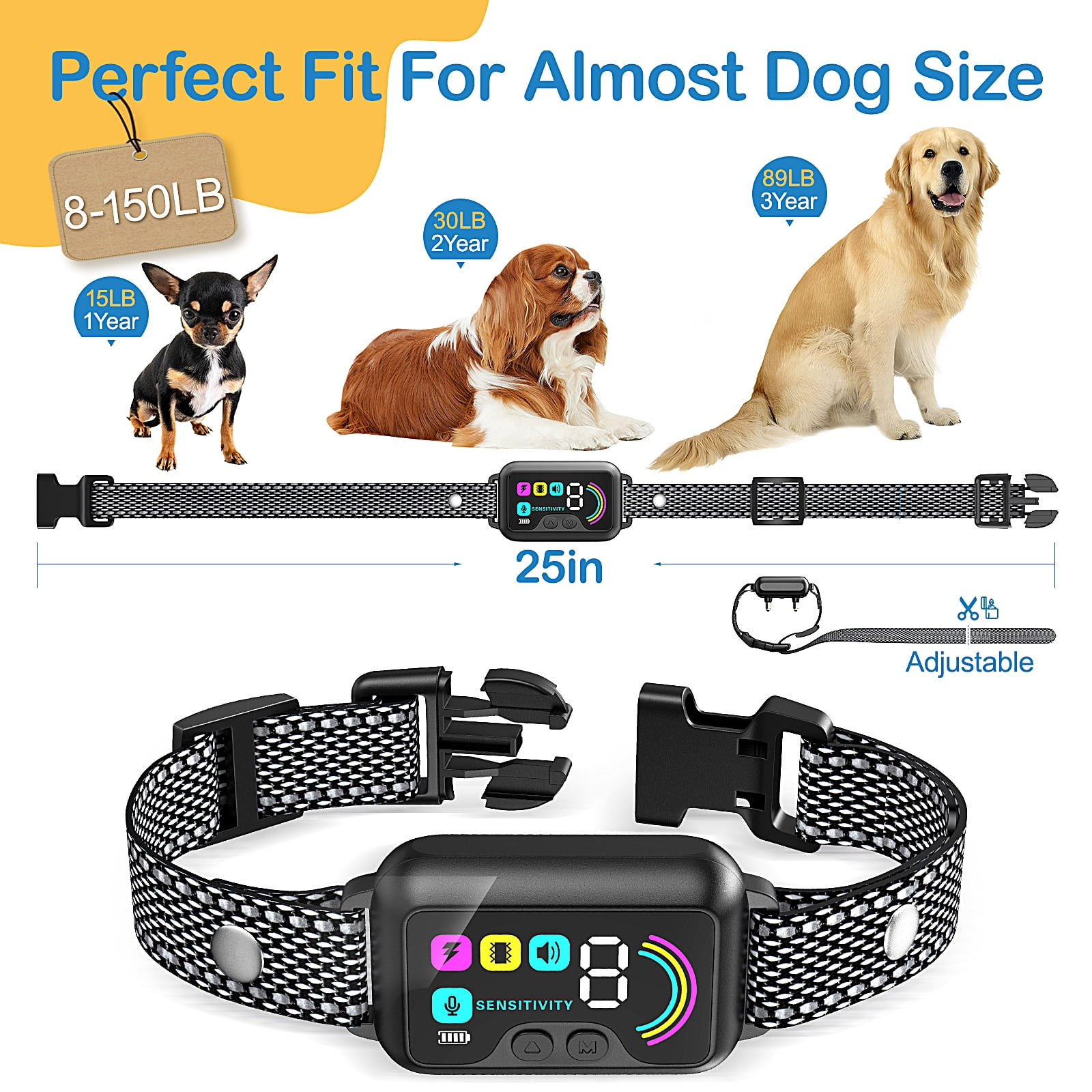 Hundetrainingshalsband mit drei Hunden, Text: Perfekte Passform für fast jede Hundegröße, 8-150LB und 25 Zoll.
