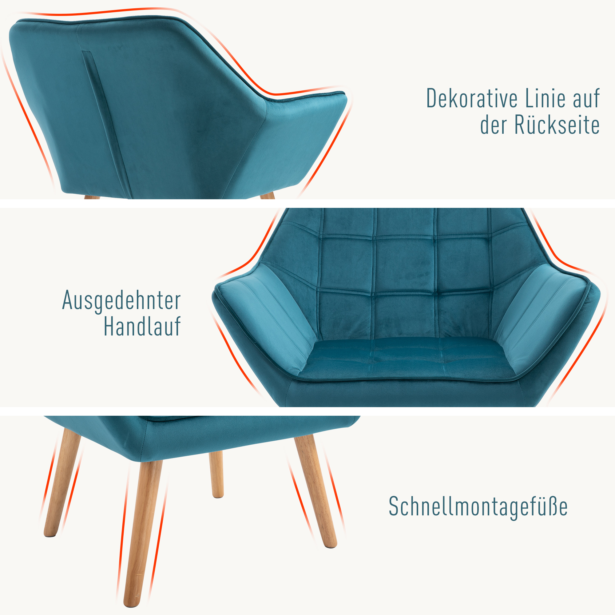 Drei Bilder eines türkisblauen Stuhls. Der Stuhl hat Holzbeine und eine dekorative Linie auf der Rückseite.