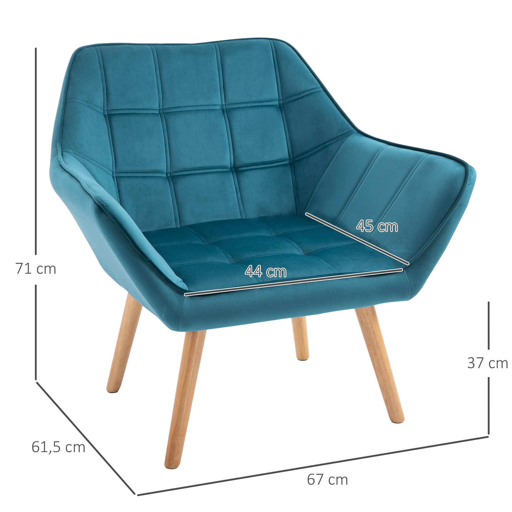 Türkisfarbener Sessel mit Holzbeinen. Abmessungen (cm): 71H x 61,5B x 67L. Sitz 45B.