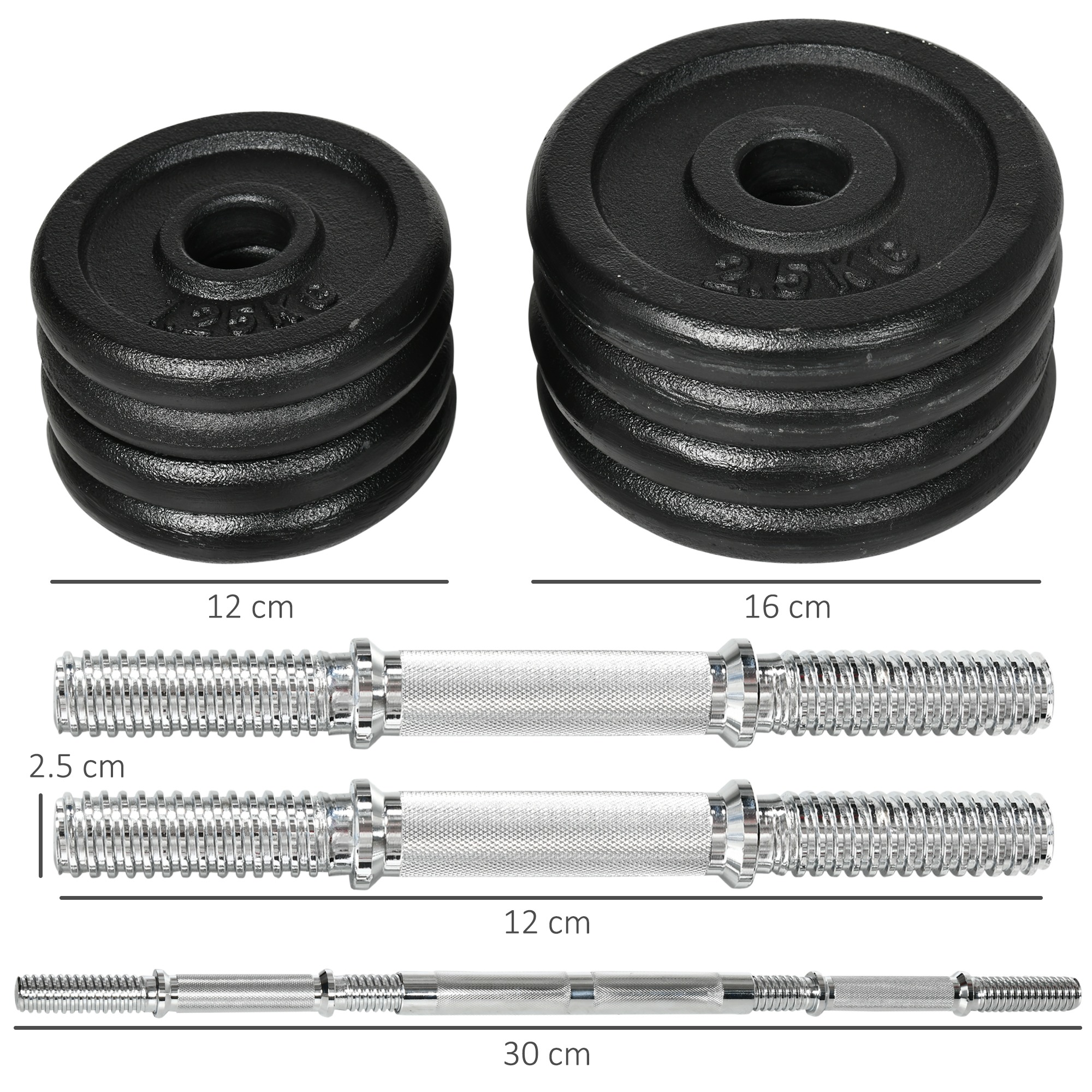 Hanteln und Gewichtsplatten mit Maßen. Schwarze Platten, silberne Stangen.