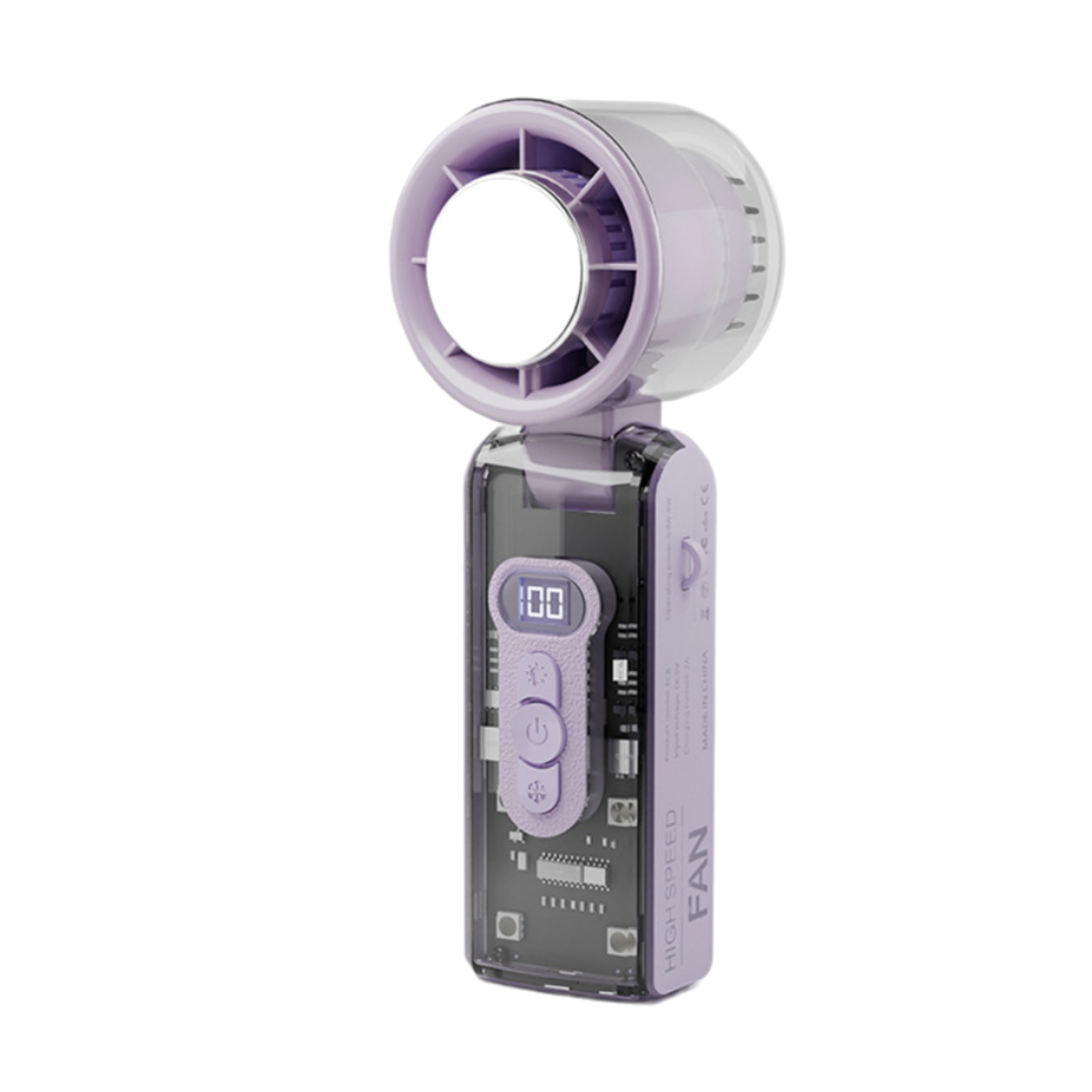 Lila Handventilator mit Digitalanzeige und Bedientasten. Der Ventilator hat ein transparentes Gehäuse.
