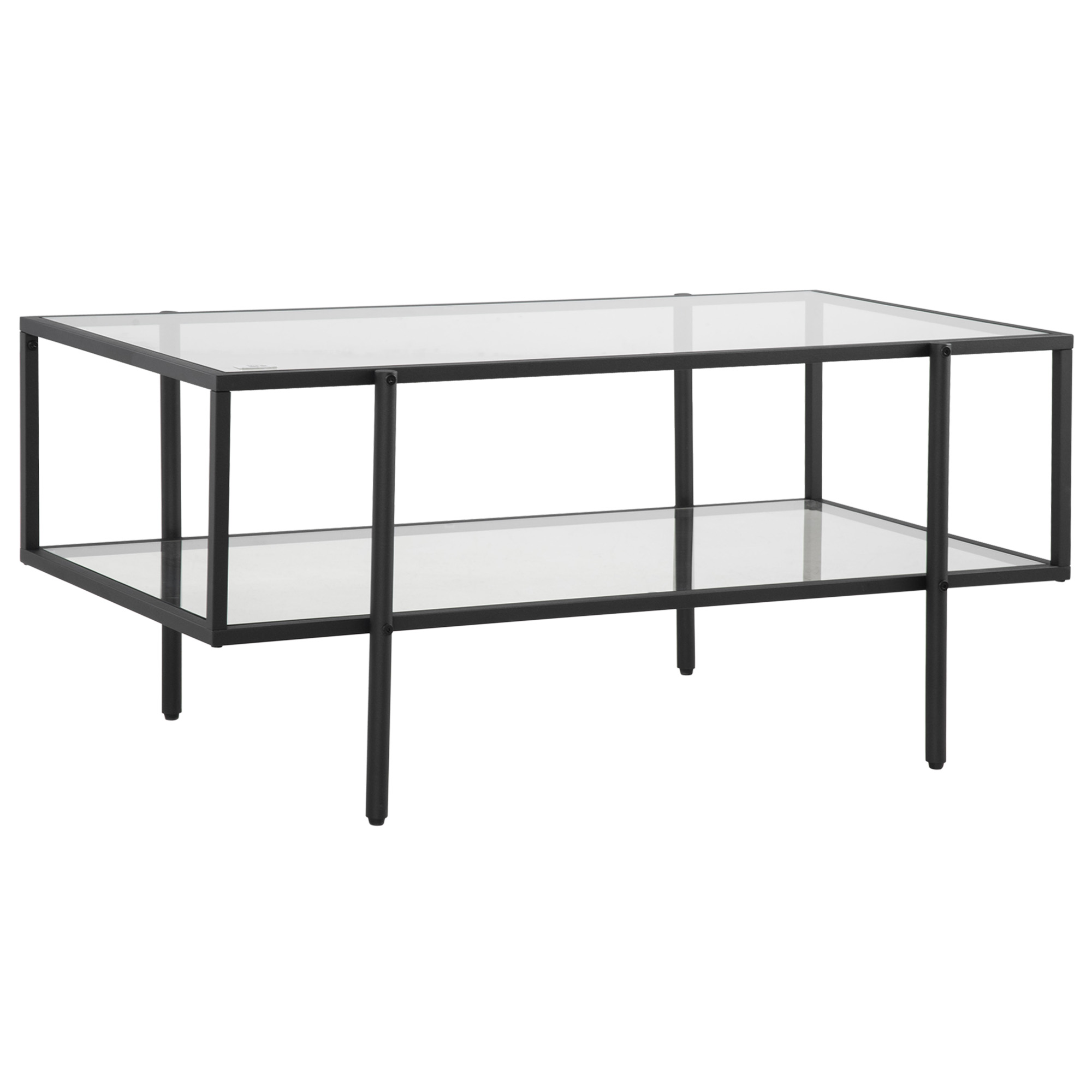 Glastisch mit schwarzem Metallrahmen und Beinen. Der Tisch hat eine untere Ablage.