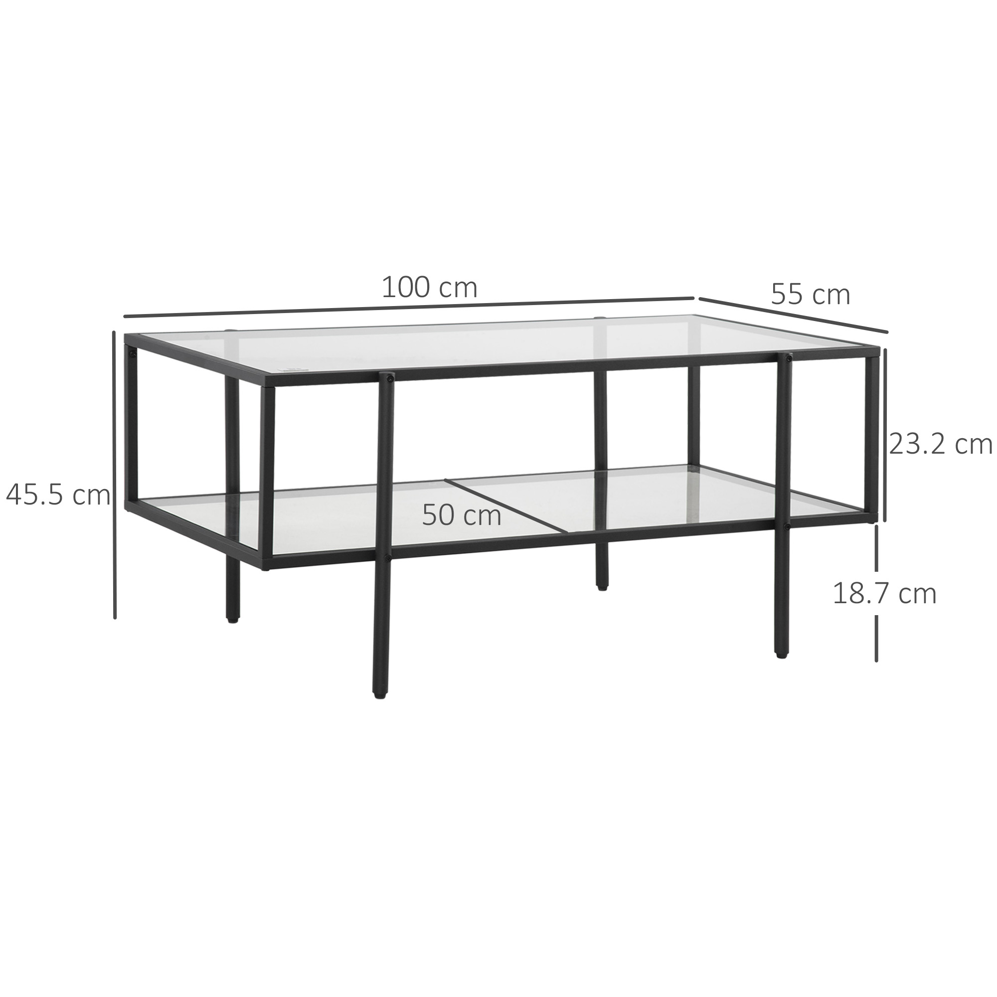Ein rechteckiger Tisch mit Glasplatte und schwarzen Metallbeinen, die Abmessungen sind auf dem Bild angegeben.