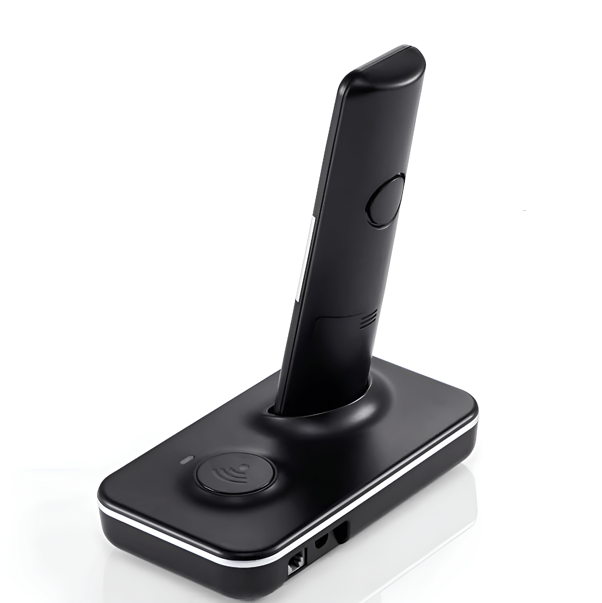Ein schwarzes Festnetztelefon mit einem Hörer auf einer Basis, die Basis hat auch einen Ladeanschluss.