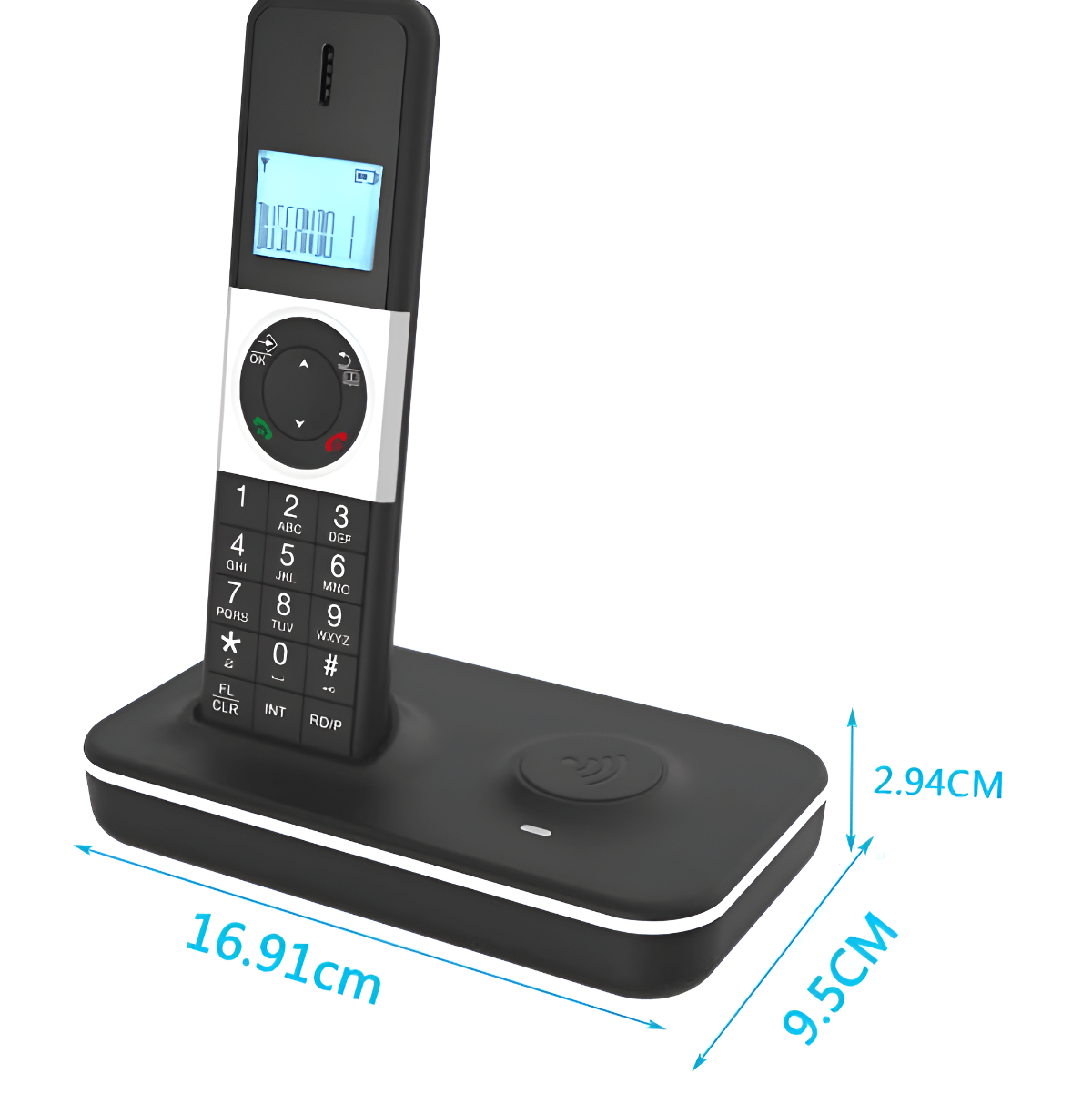 Ein schwarzes schnurloses Telefon mit Digitalanzeige auf einer Basis.