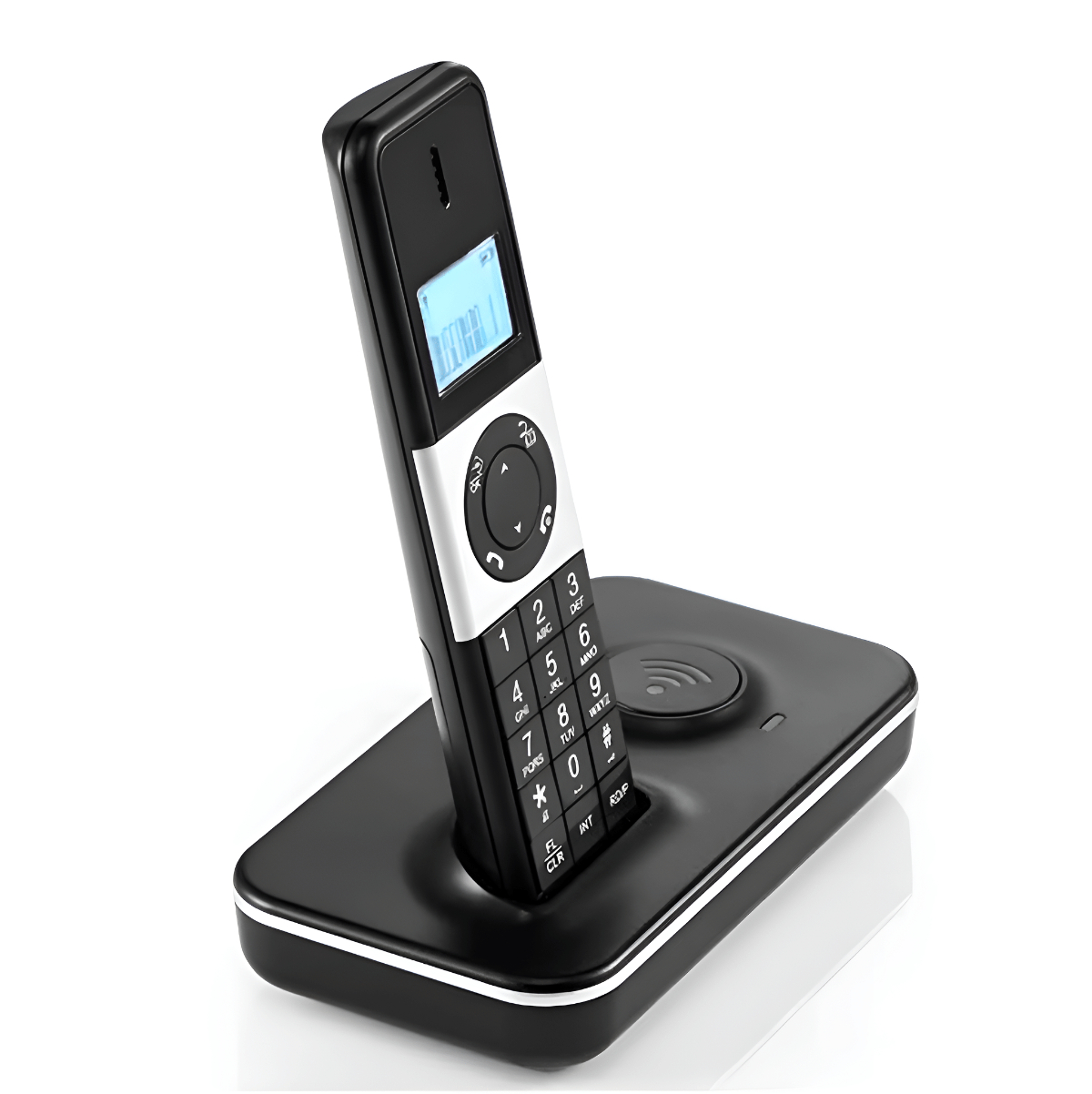 Schwarzes und silbernes schnurloses Telefon mit Digitalanzeige, steht auf schwarzer Basis.