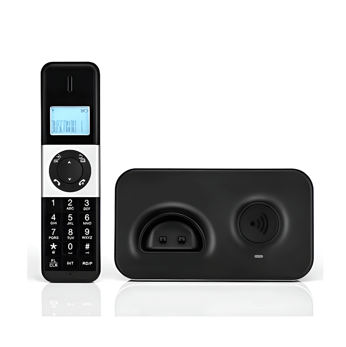 Ein schwarzes schnurloses Telefon und eine Basisstation. Das Telefon hat einen Bildschirm und eine Tastatur. Die Basisstation hat einen Ladeschacht.