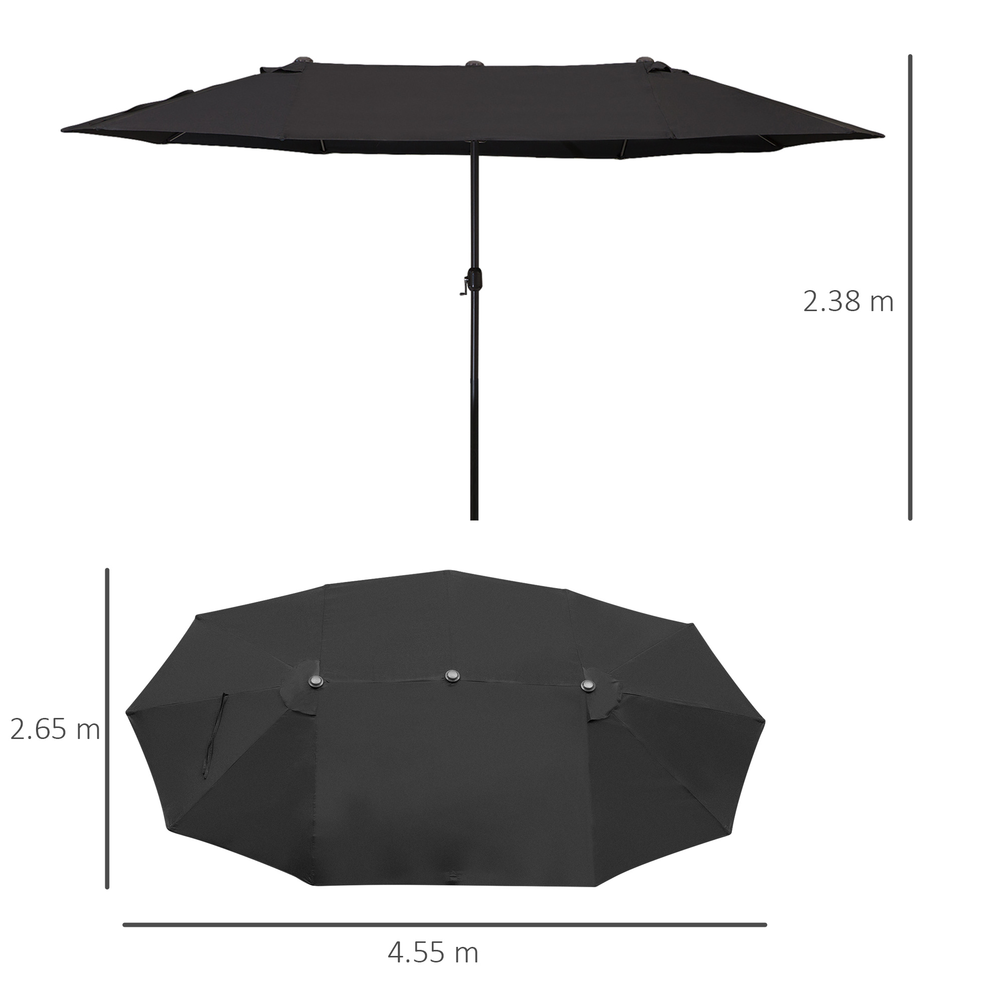 Schwarzer doppelter Sonnenschirm, geschlossen und offen, mit Maßen in Metern.