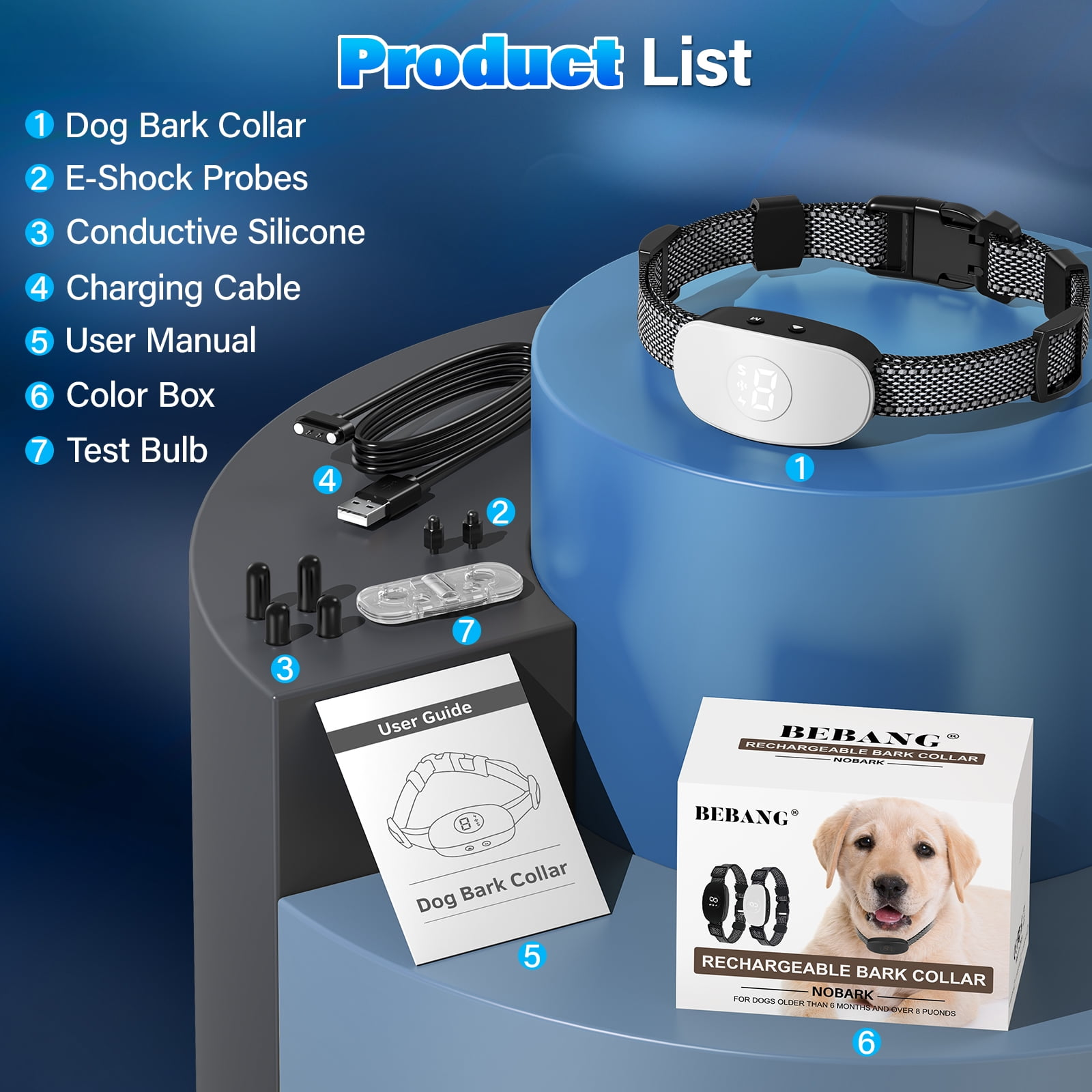 Produktliste für ein Hunde-Bellhalsband. Enthält Halsband, Sonden, Ladekabel und Benutzerhandbuch.