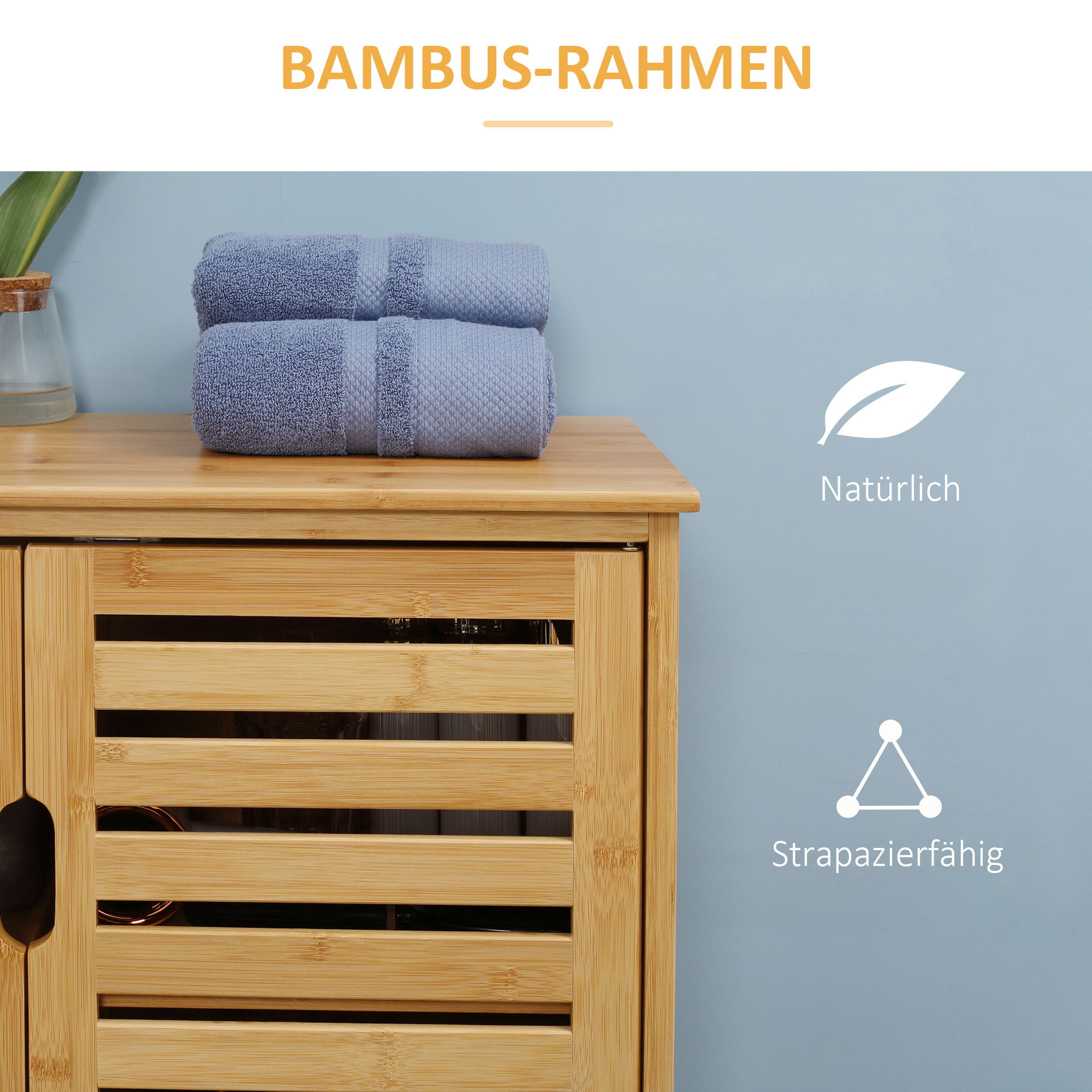 Holzschrank mit Handtüchern oben. Text auf Deutsch über natürliche und strapazierfähige Eigenschaften.