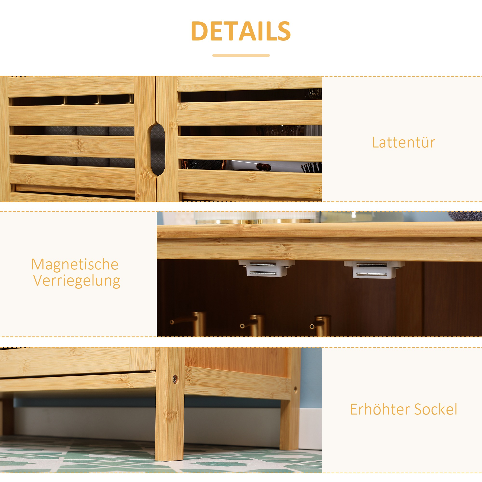 Details eines Holzschranks. Enthält Nahaufnahmen von Tür, Magnetverschluss und Sockel.
