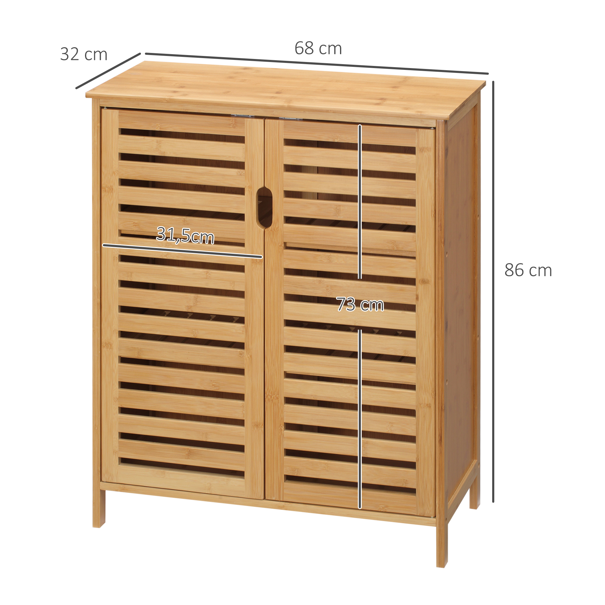 Schuhschrank aus Holz mit zwei Türen. Lamellendesign. Maße: 32x68x86 cm. Griff mittig.
