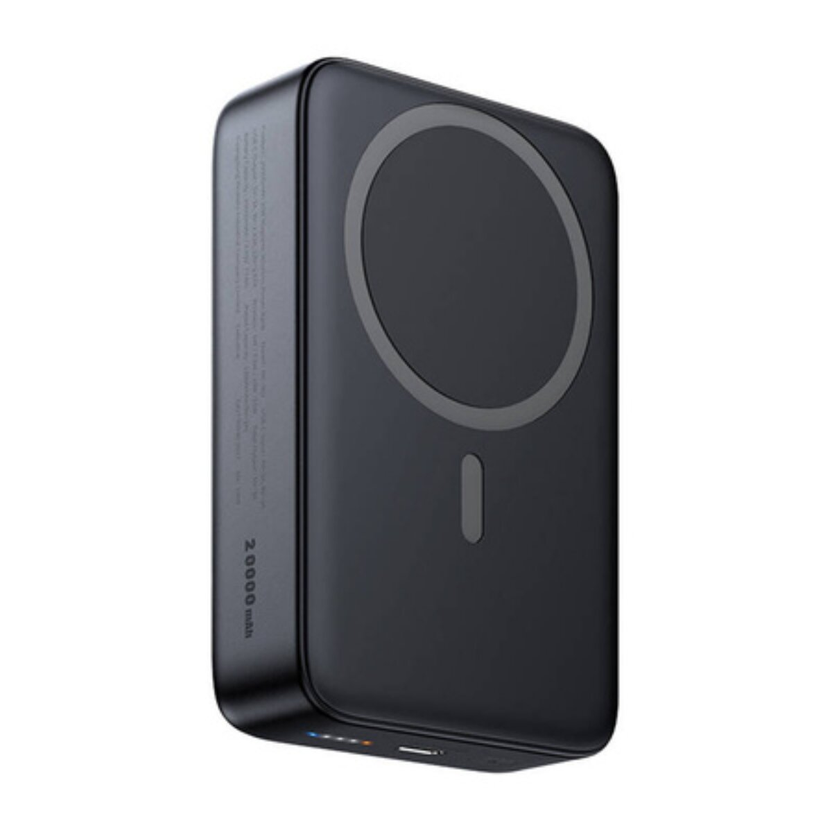 Eine schwarze Powerbank mit einem magnetischen Ladekreis und einer kleinen LED-Anzeige.