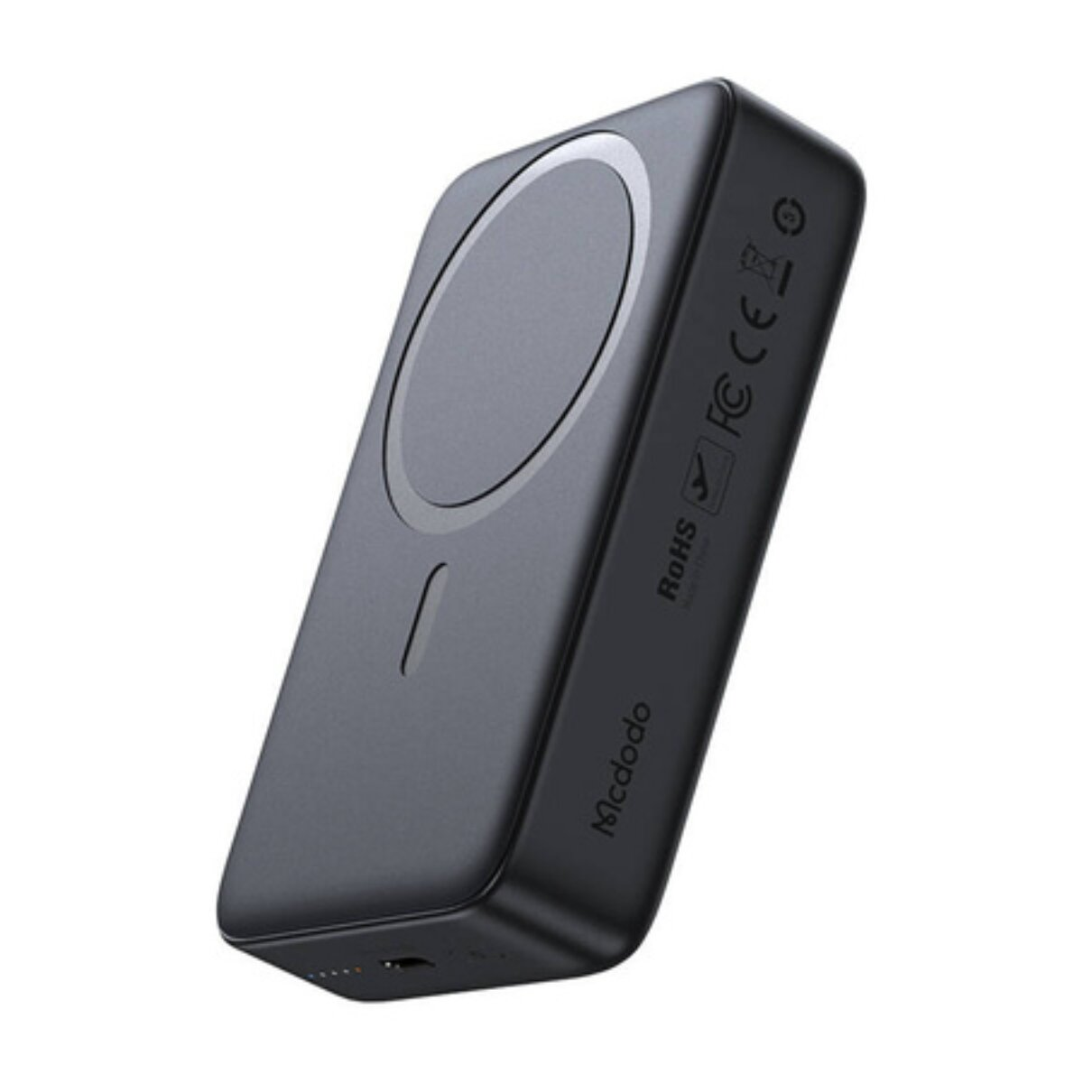 Eine schwarze, rechteckige Powerbank mit einem weißen, kreisförmigen Magnetpad.
