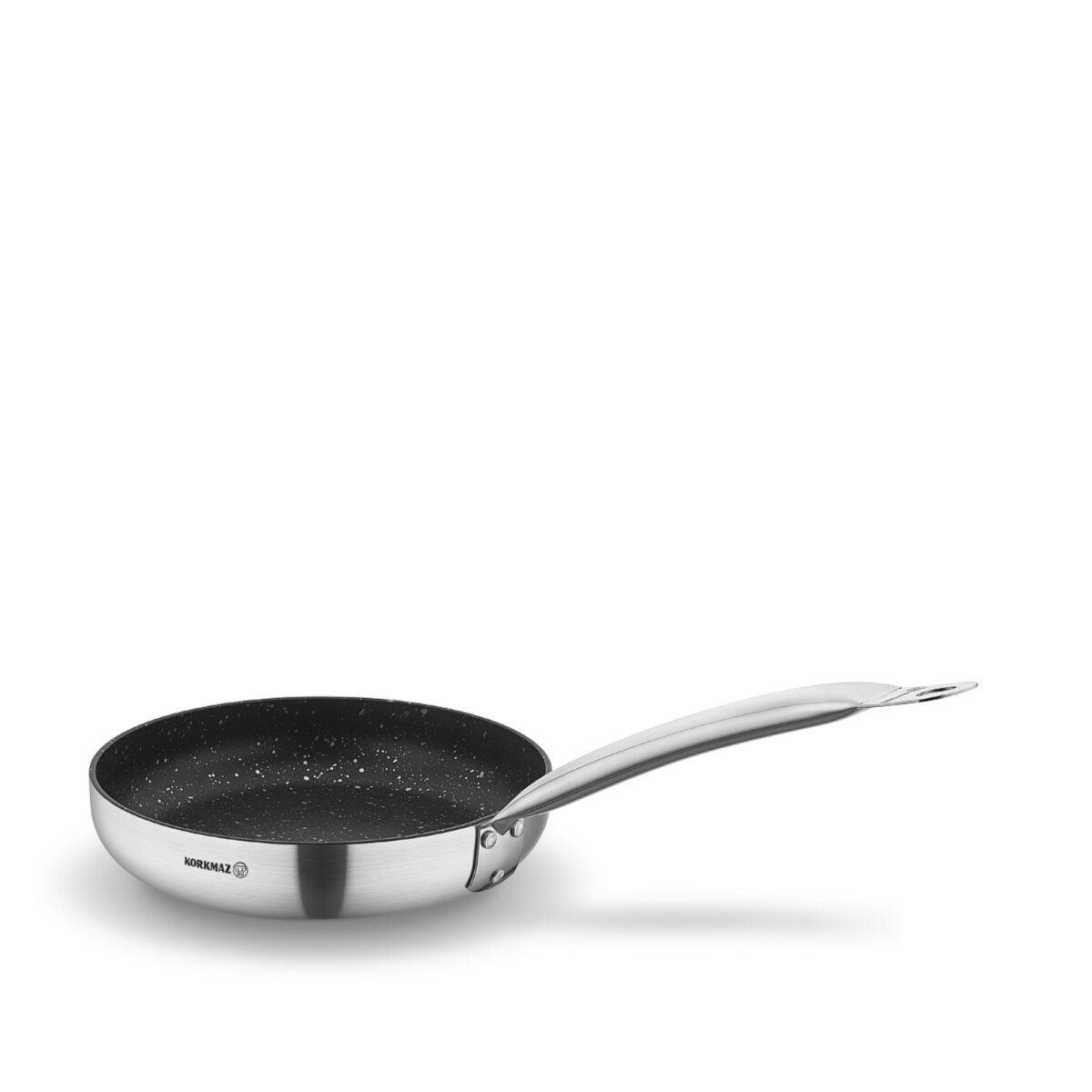 Bratpfanne aus Edelstahl mit schwarzem, gesprenkeltem Innenraum.