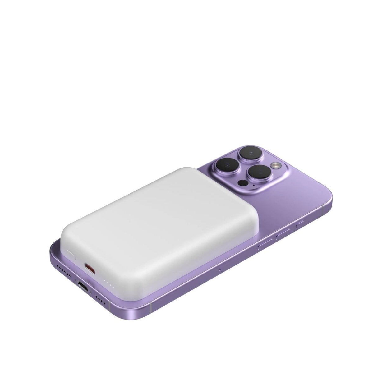 Fioletowy iPhone z dołączonym białym blokiem ładującym. Blok ładujący znajduje się z tyłu telefonu.