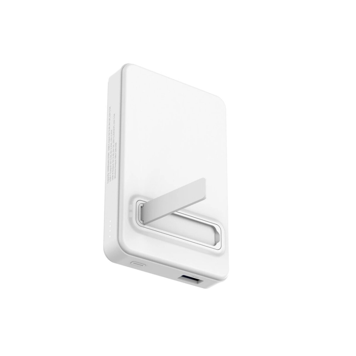 Biała przenośna ładowarka ze stojakiem. Stojak jest rozłożony. Tło jest białe.