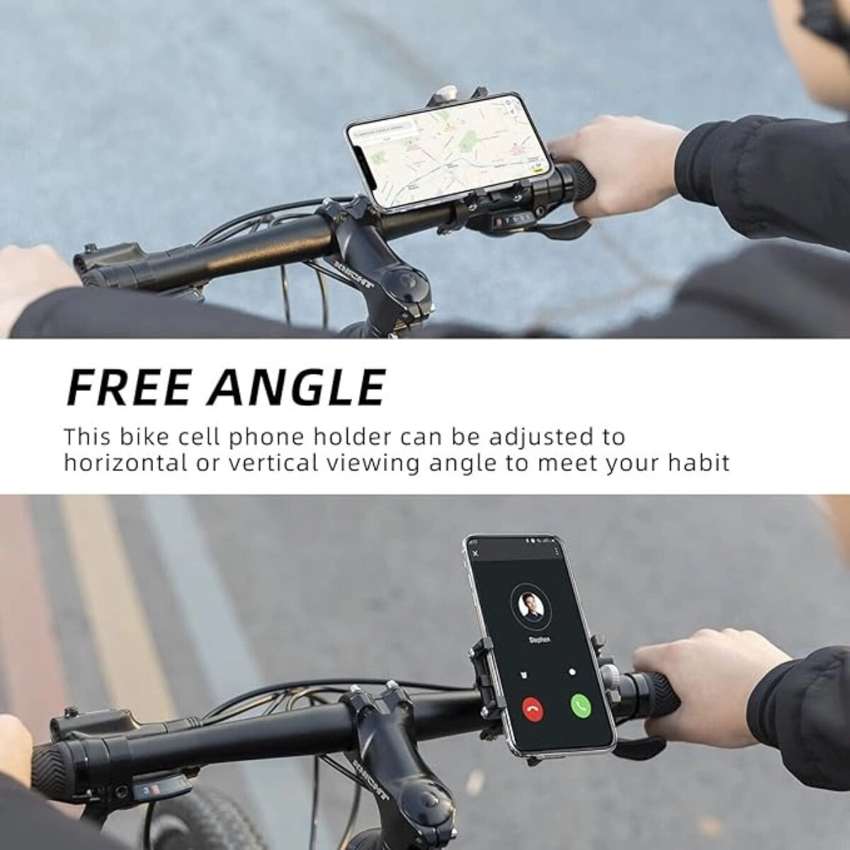 Eine Person benutzt ein Telefon, das an einem Fahrradlenker befestigt ist. Das Telefon zeigt eine Karte und einen Anrufbildschirm.