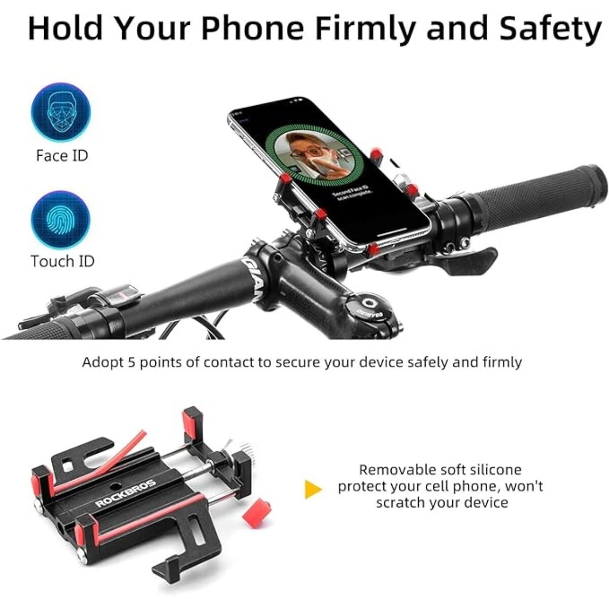 Ein Telefon, das an einem Fahrradlenker befestigt ist. Verfügt über Face ID und Touch ID für Sicherheit.