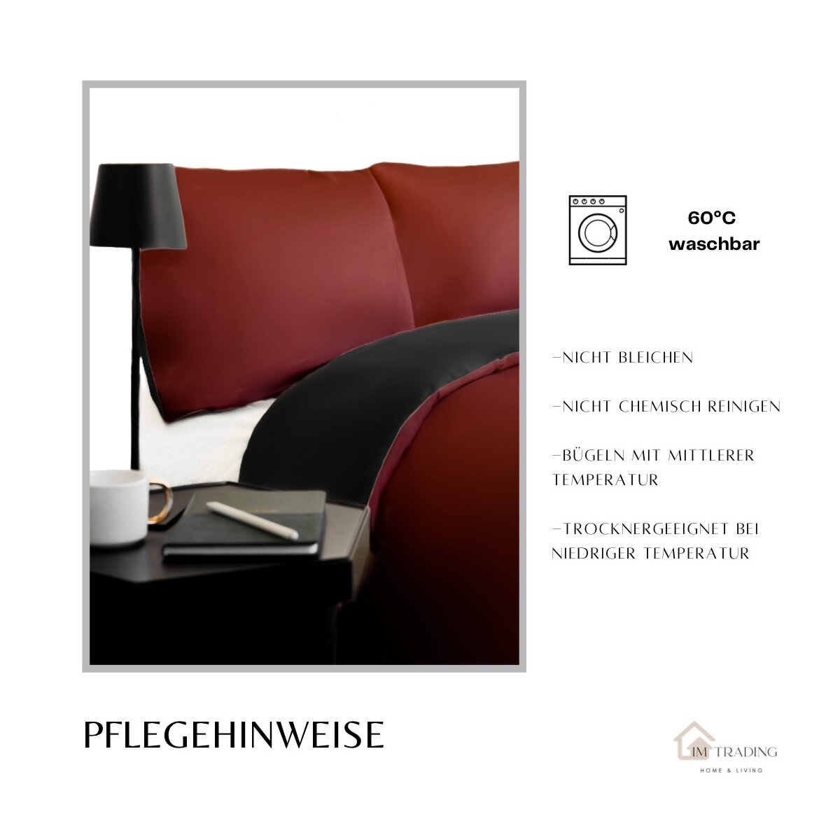 Bett mit roter und schwarzer Bettwäsche. Text zu Waschanleitung und Pflege. Eine Lampe und ein Buch stehen auf dem Beistelltisch.