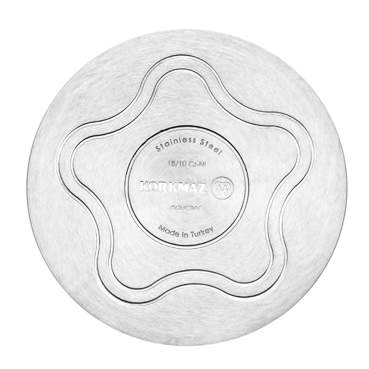 Ein Edelstahl-Topfboden mit sternförmigem Design und Text.