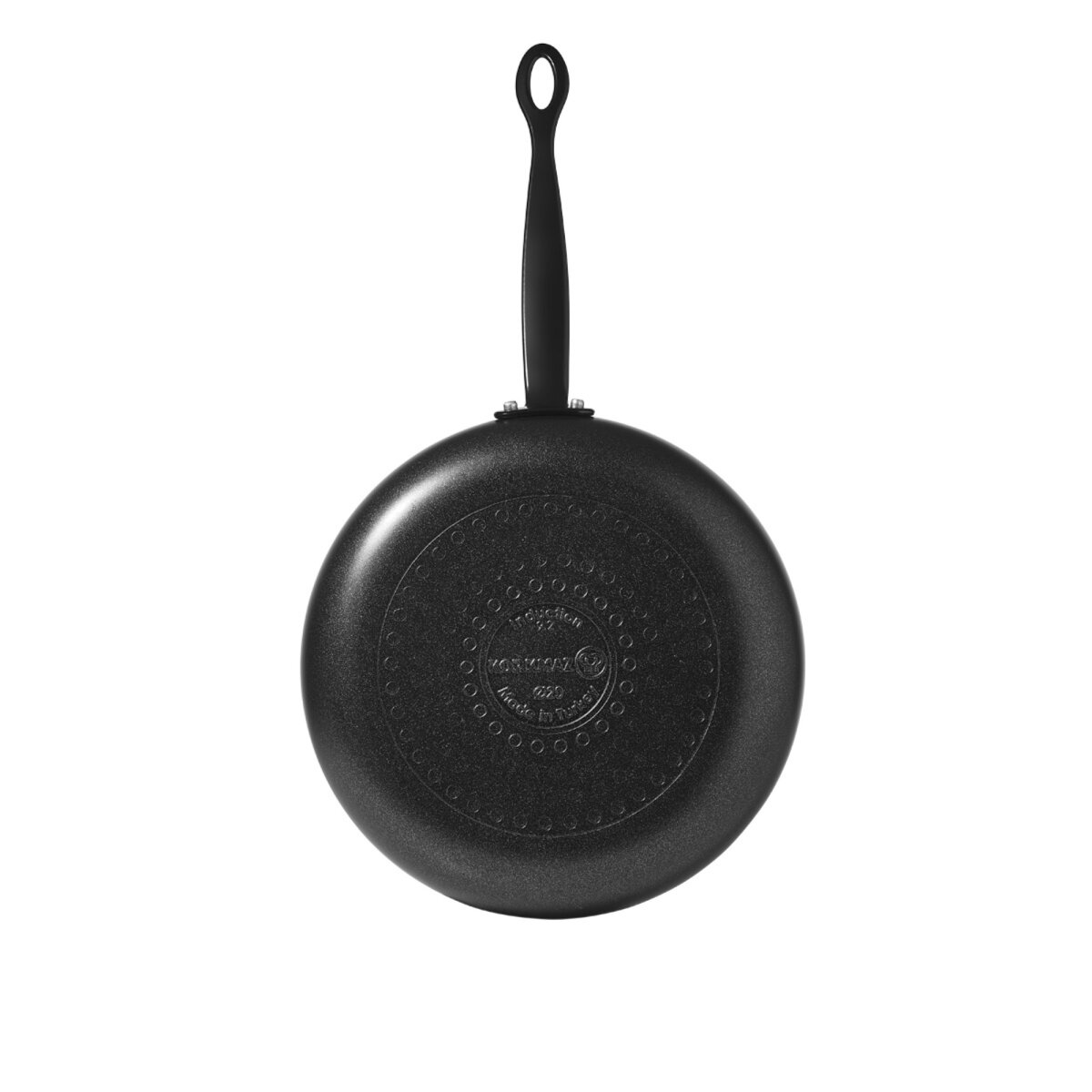 Schwarze Bratpfanne von unten mit langem Griff.