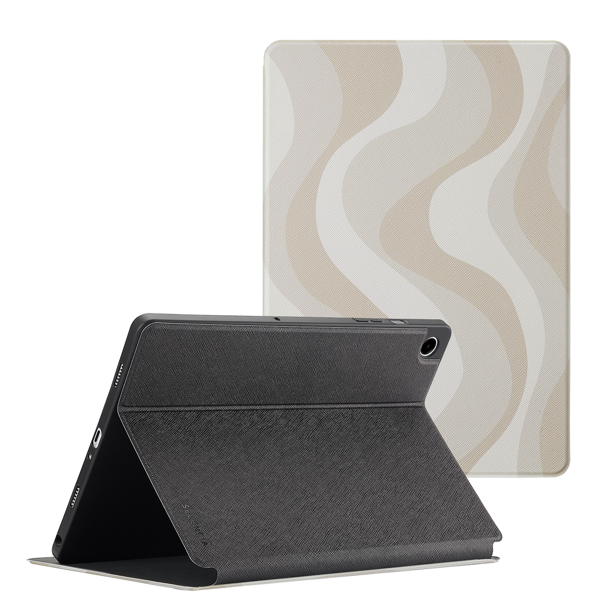 Tablette avec étui noir, ouverte pour montrer l'écran. Un second étui fermé derrière. Fond blanc.