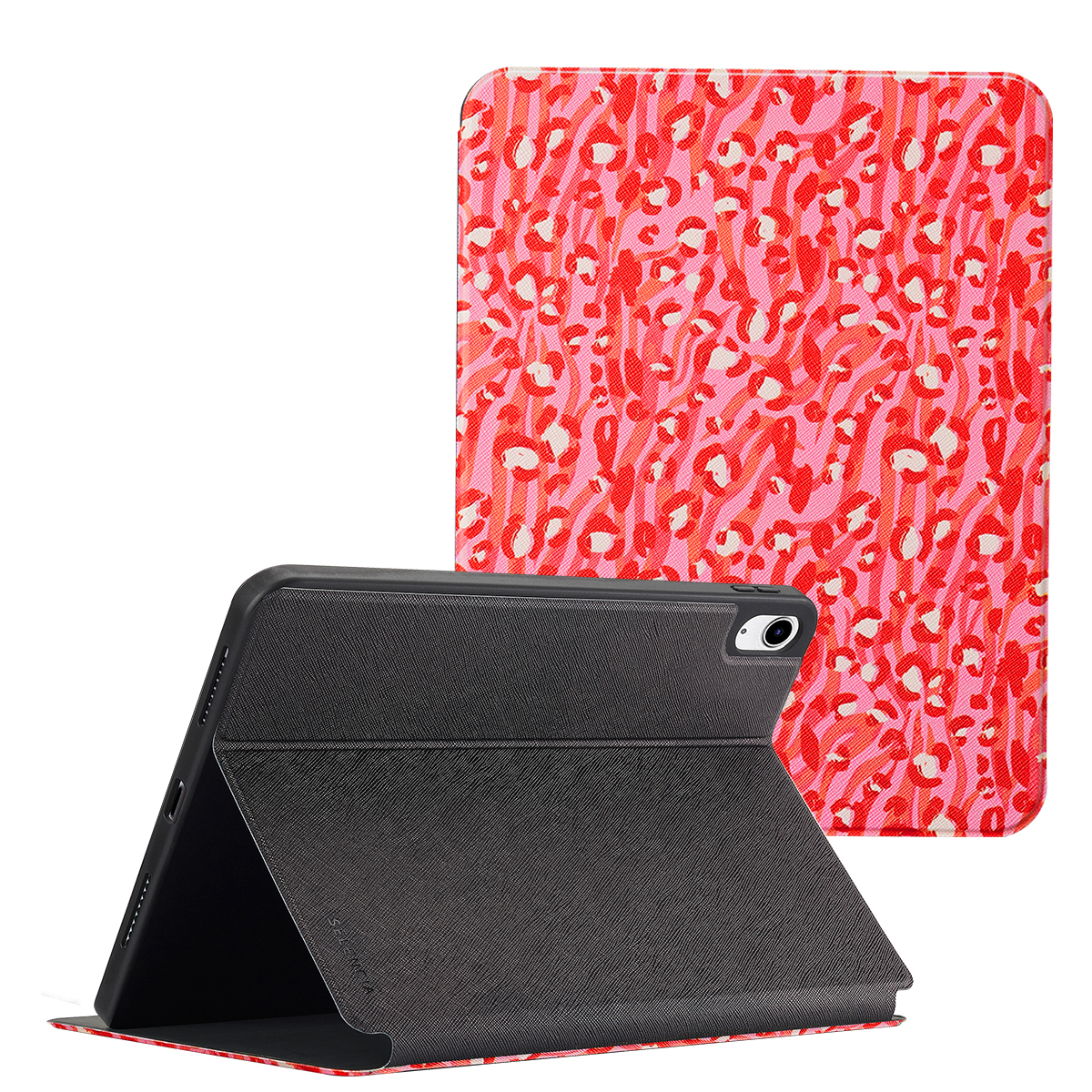 iPad hoes met roze en rood patroon, opengevouwen, toont een grijze cover en de iPad.