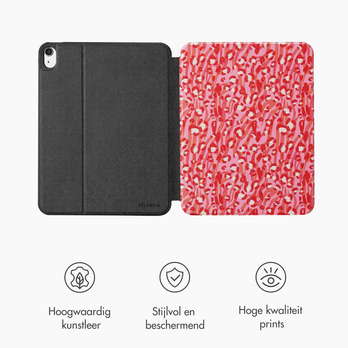 Open tabletcase met een roze luipaardprint interieur. Zwarte buitenkant, met iconen eronder.