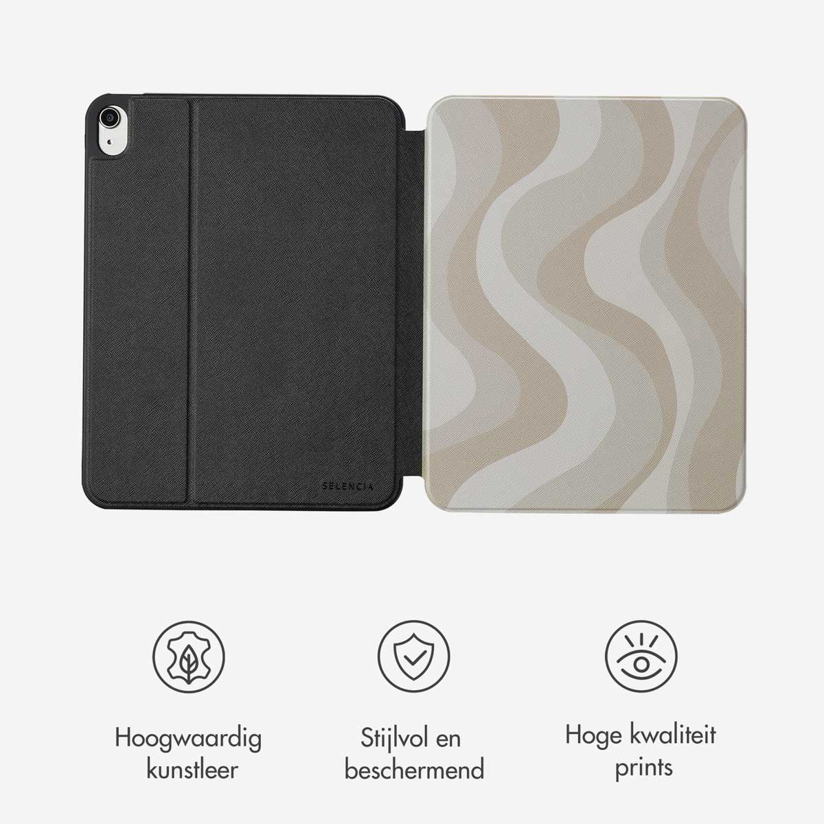 Open tablet case met een patroon cover en zwart interieur. De cover heeft een golvend beige en wit ontwerp.