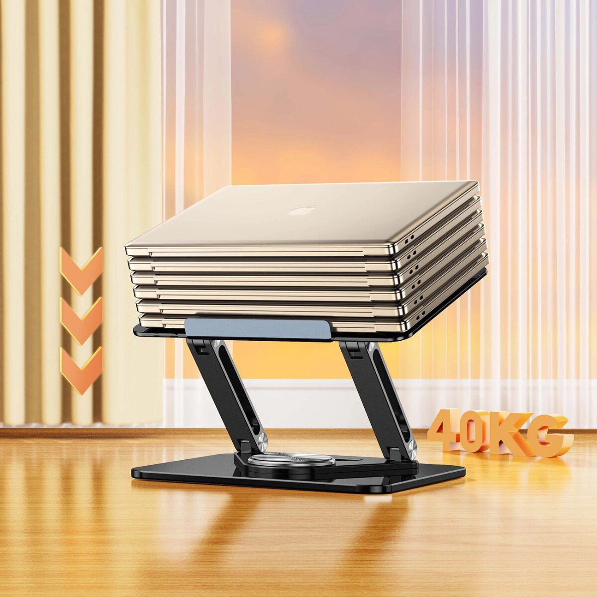 Stojak na laptopa z czterema laptopami ułożonymi na nim, ze strzałkami pokazującymi wysokość i udźwig.