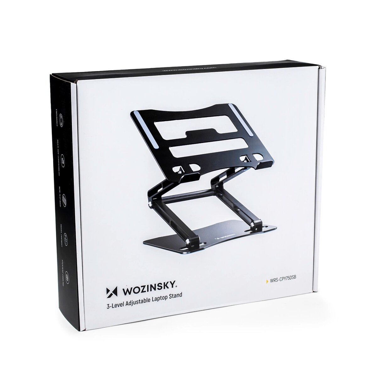 Schwarzer Laptopständer in einer Box. Die Marke ist 'Wozinsky'. Der Ständer ist verstellbar.