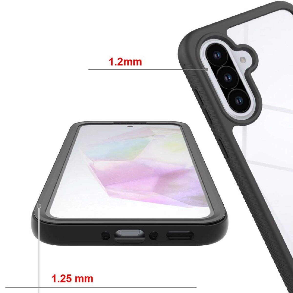 Telefonhülle mit durchsichtigem Rücken. Zeigt Dickenmessungen von 1,2 mm und 1,25 mm